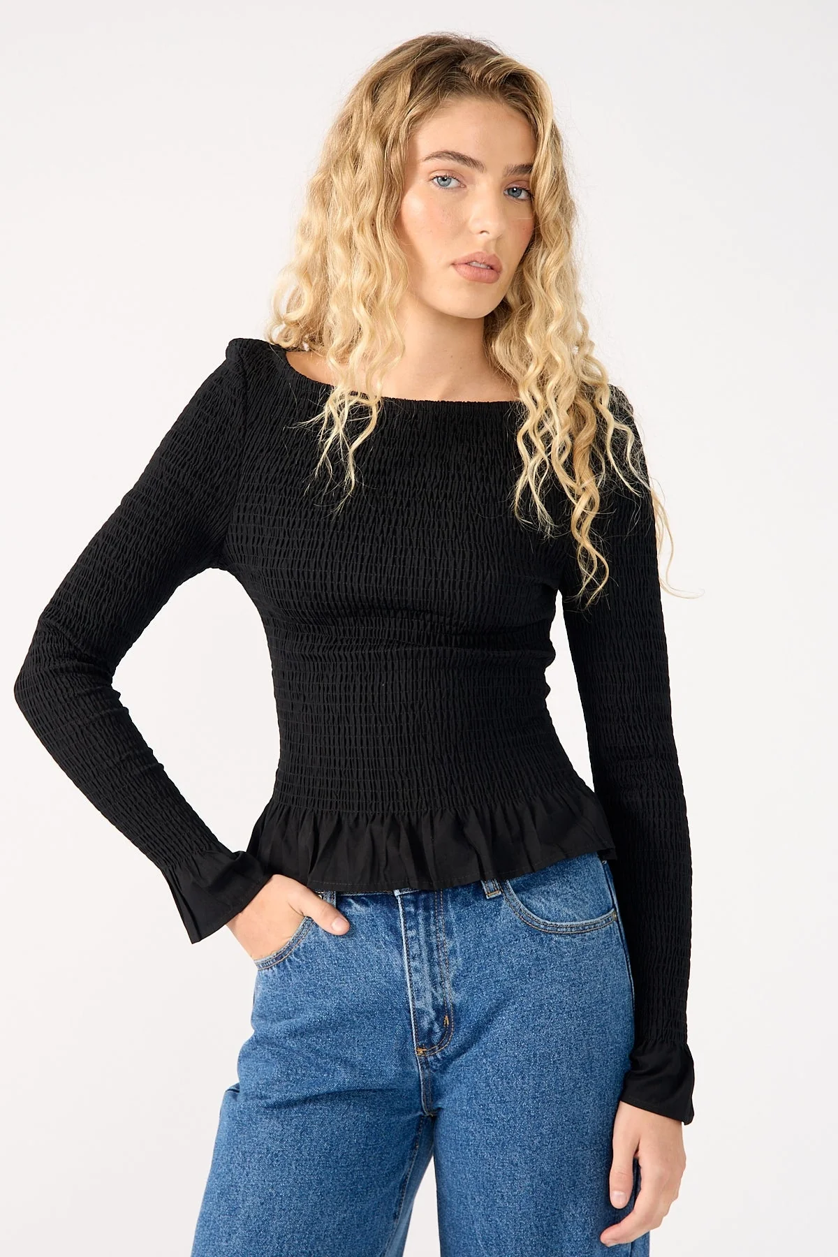 Perfect Stranger High Neck Shirred Long Sleeve Top Black - Image 3