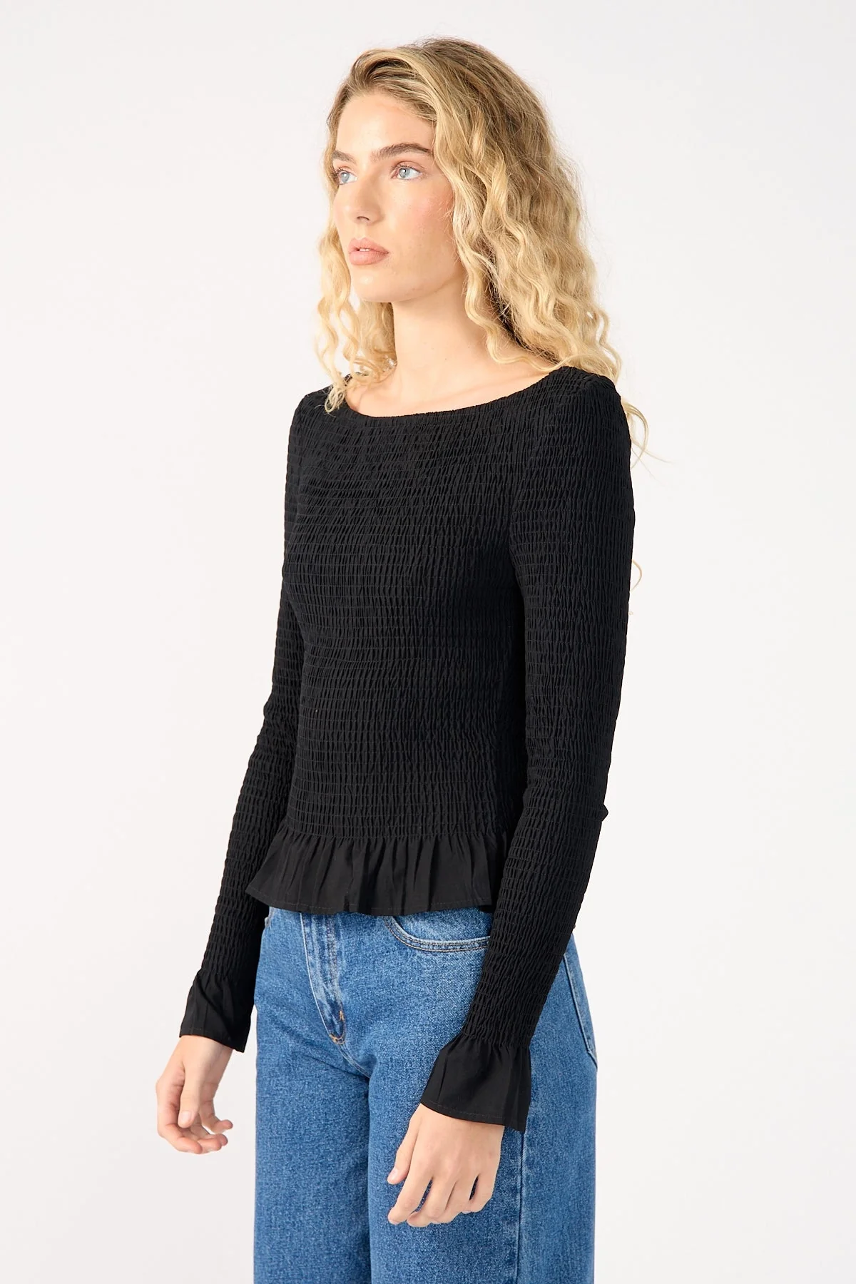 Perfect Stranger High Neck Shirred Long Sleeve Top Black - Image 4
