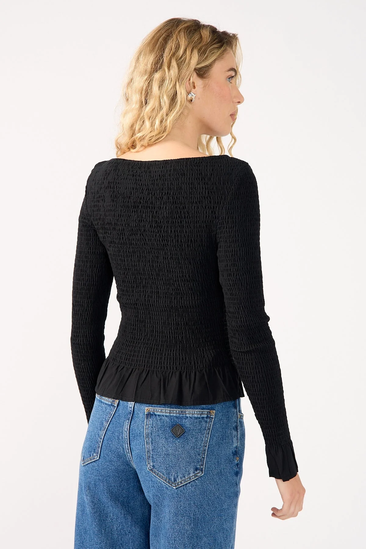 Perfect Stranger High Neck Shirred Long Sleeve Top Black - Image 5