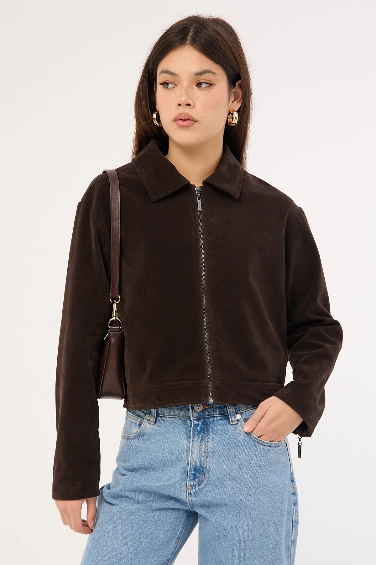 Perfect Stranger Kandice PU Suede Zip Up Jacket Brown