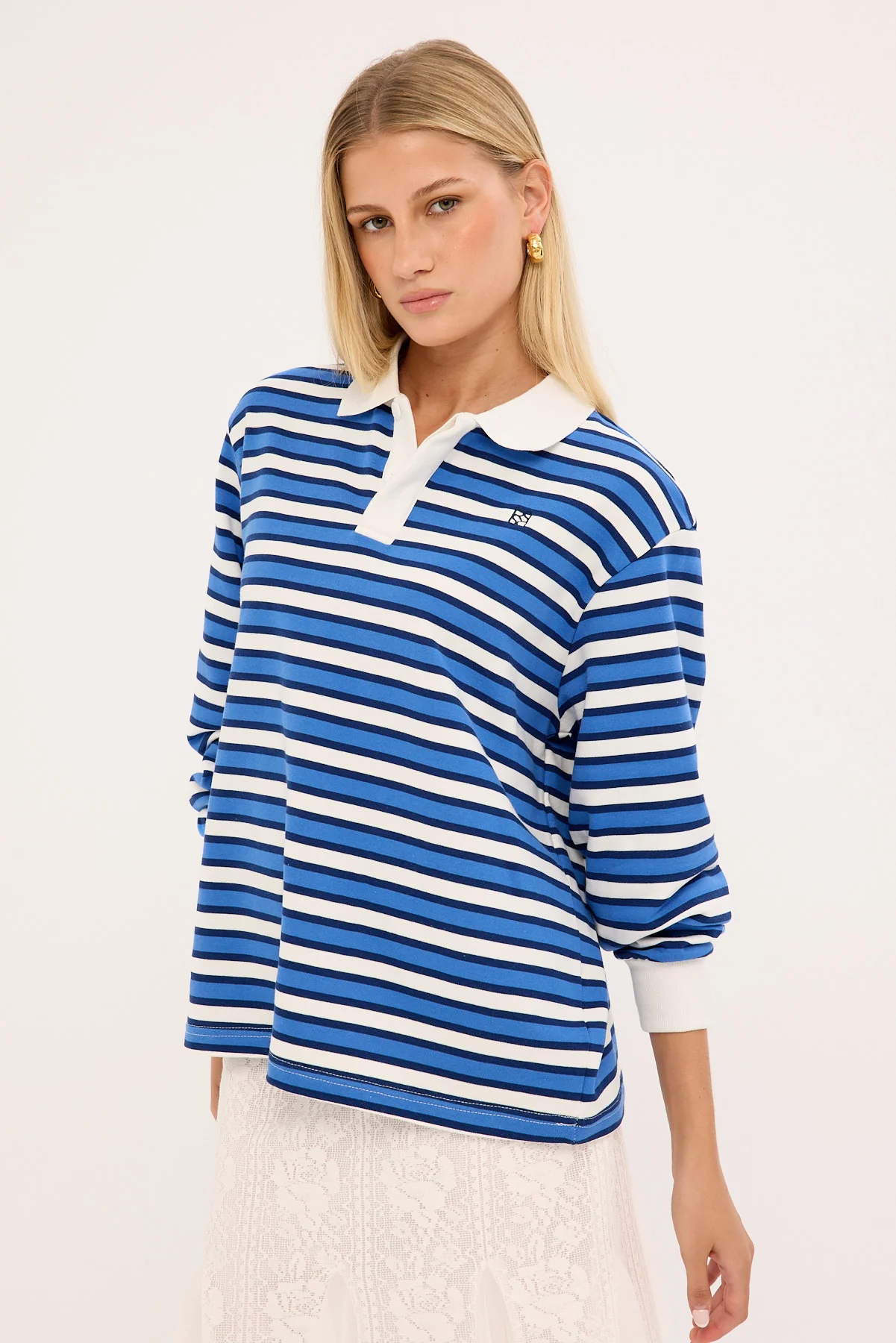 Perfect Stranger Leon Stripe Rugby Fleece Top Blue Stripe - Image 4