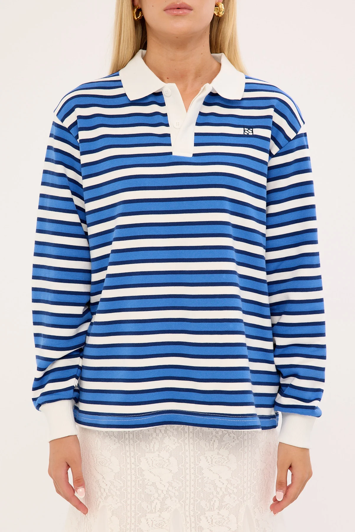 Perfect Stranger Leon Stripe Rugby Fleece Top Blue Stripe - Image 8