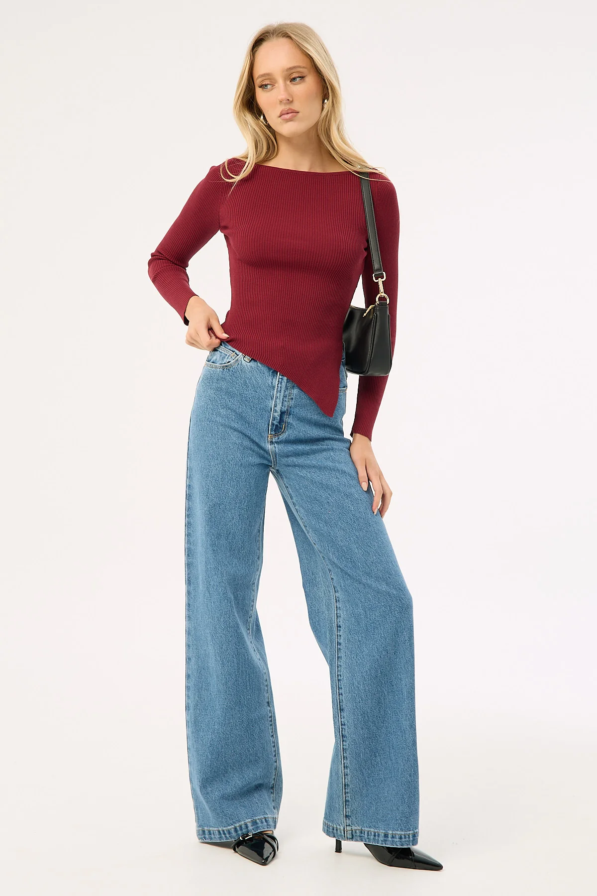 Perfect Stranger Long Sleeve Asymmetrical Knit Top Burgundy - Image 3