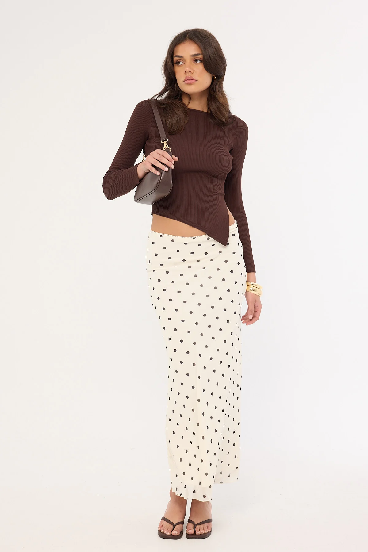Perfect Stranger Long Sleeve Asymmetrical Rib Knit Top Brown - Image 2