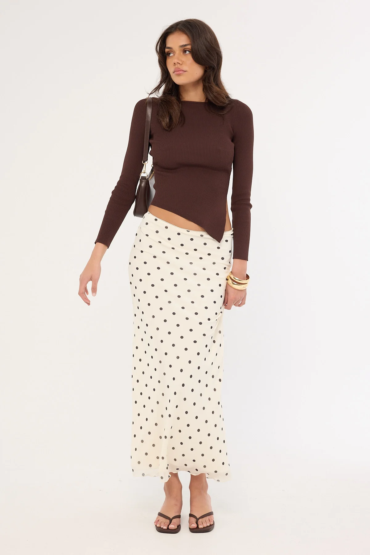 Perfect Stranger Long Sleeve Asymmetrical Rib Knit Top Brown - Image 3