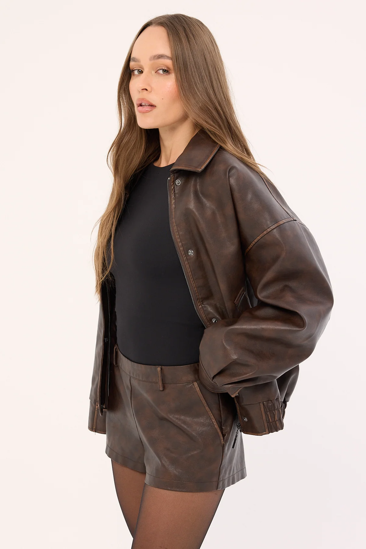 Perfect Stranger Luca Low Rise PU Shorts Washed Brown - Image 4