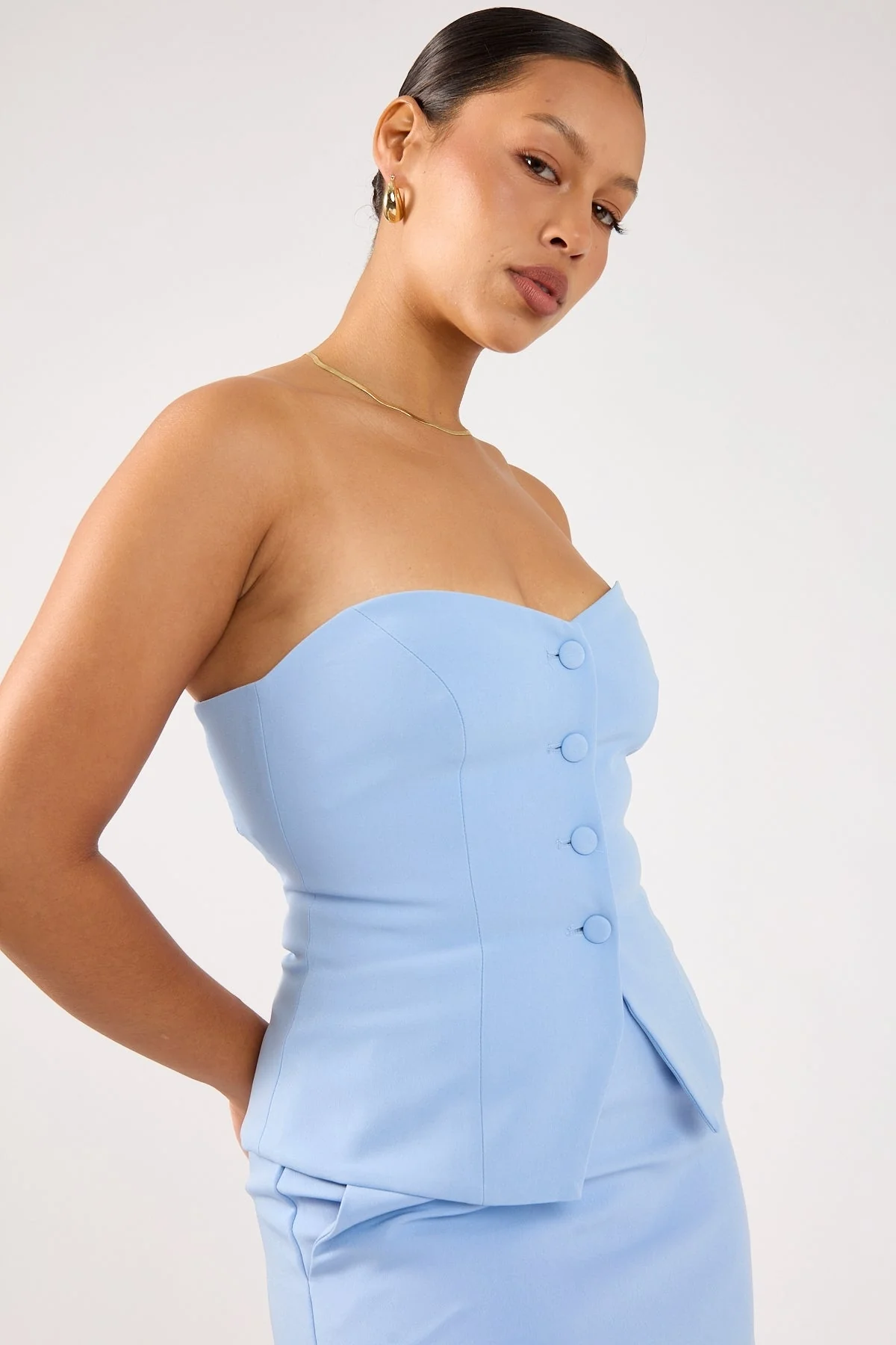 Perfect Stranger Luna Strapless Button Through Top Blue - Image 5