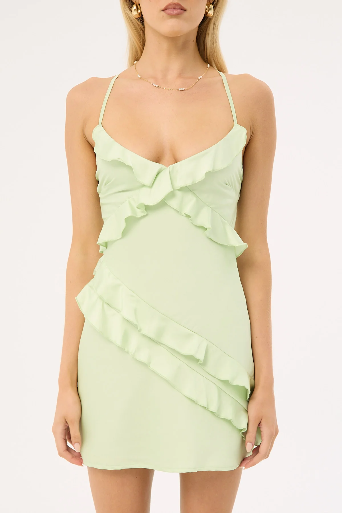 Luck & Trouble Mae Ruffle Recycled Mini Dress Pale Green - Image 8