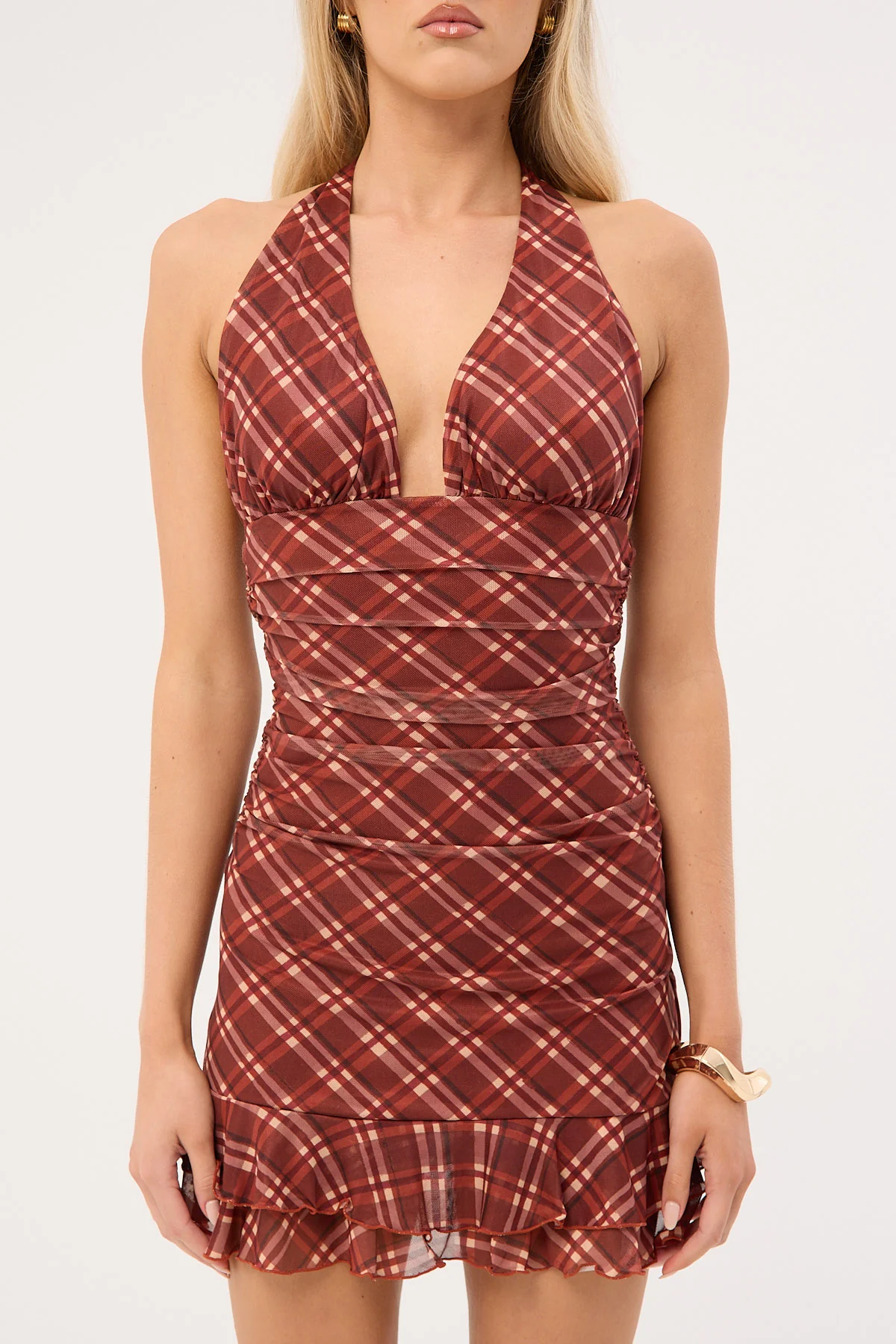 Perfect Stranger Mahli Mesh Halter Mini Dress Brown Check - Image 7