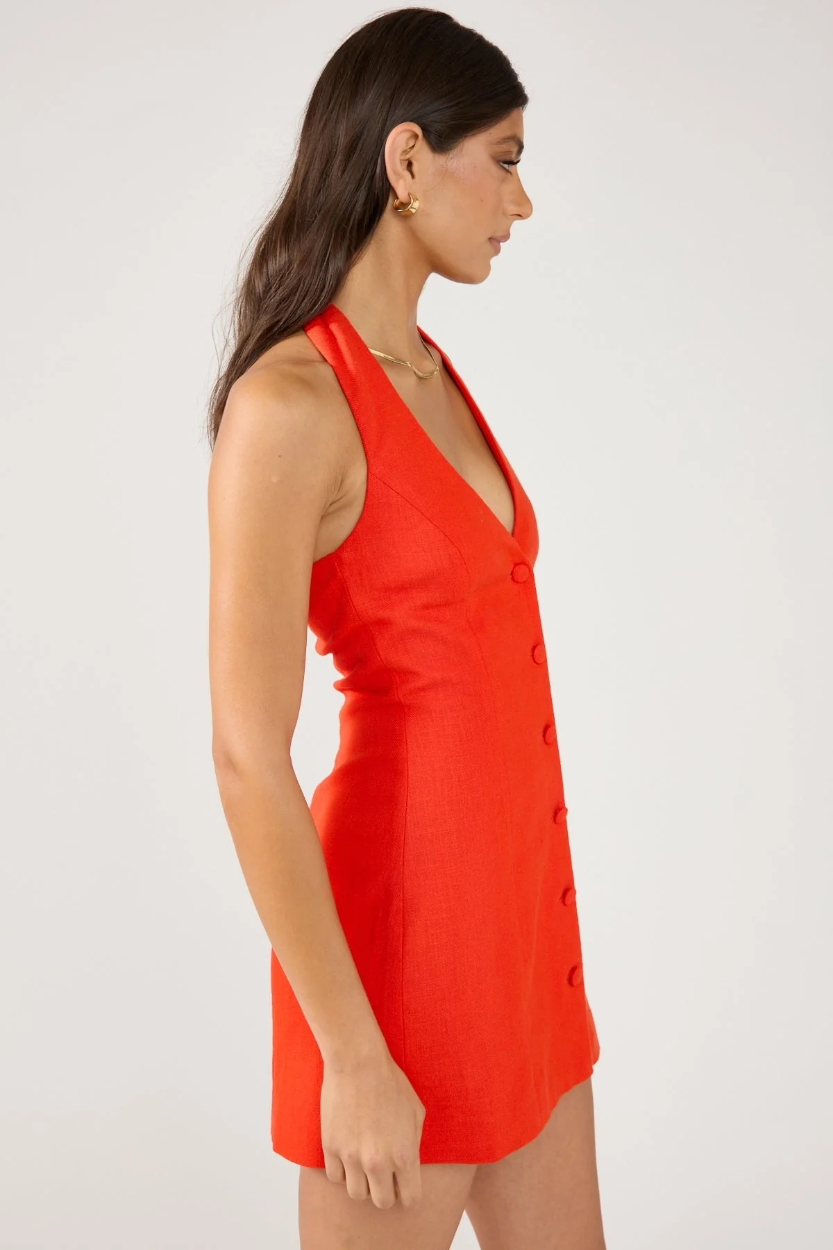 Perfect Stranger Menorca Halter Button Linen Mini Dress Red - Image 4