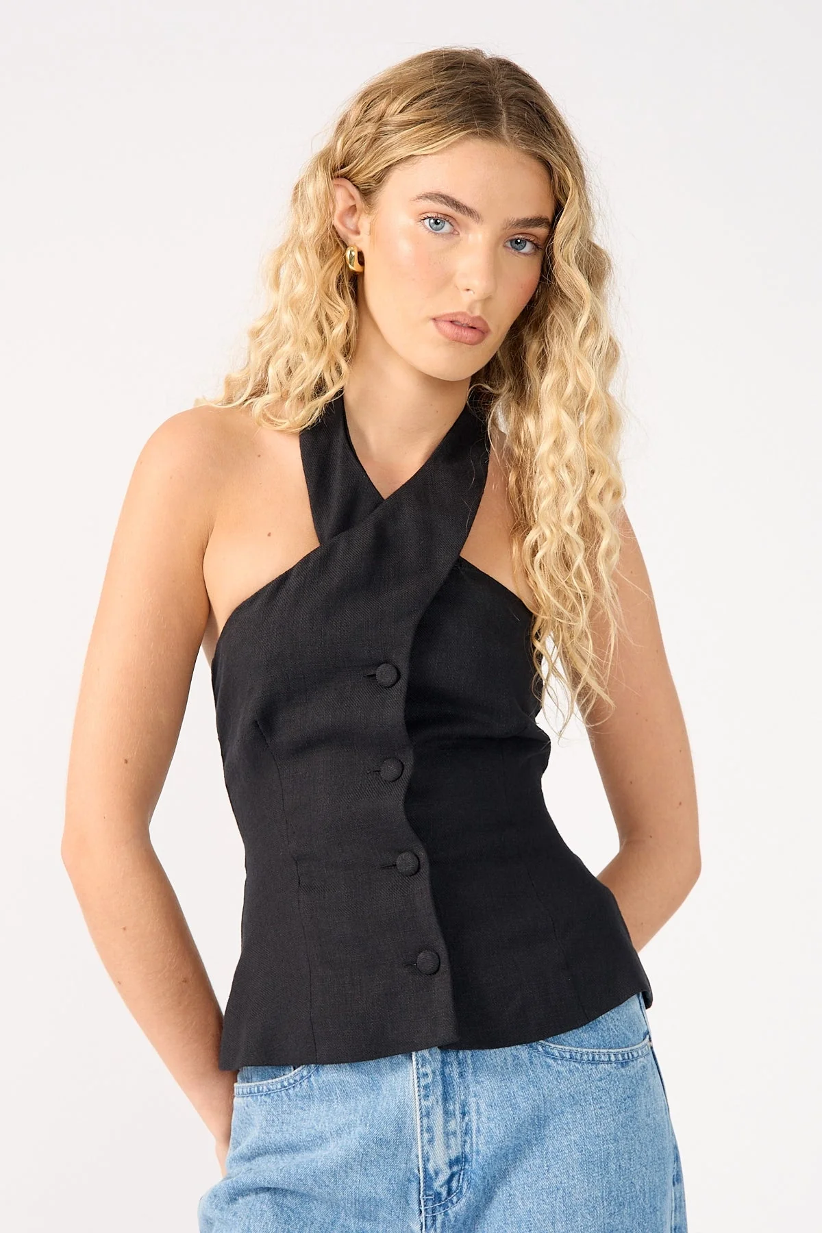 Perfect Stranger Menorca High Neck Button Up Halter Top Black - Image 2
