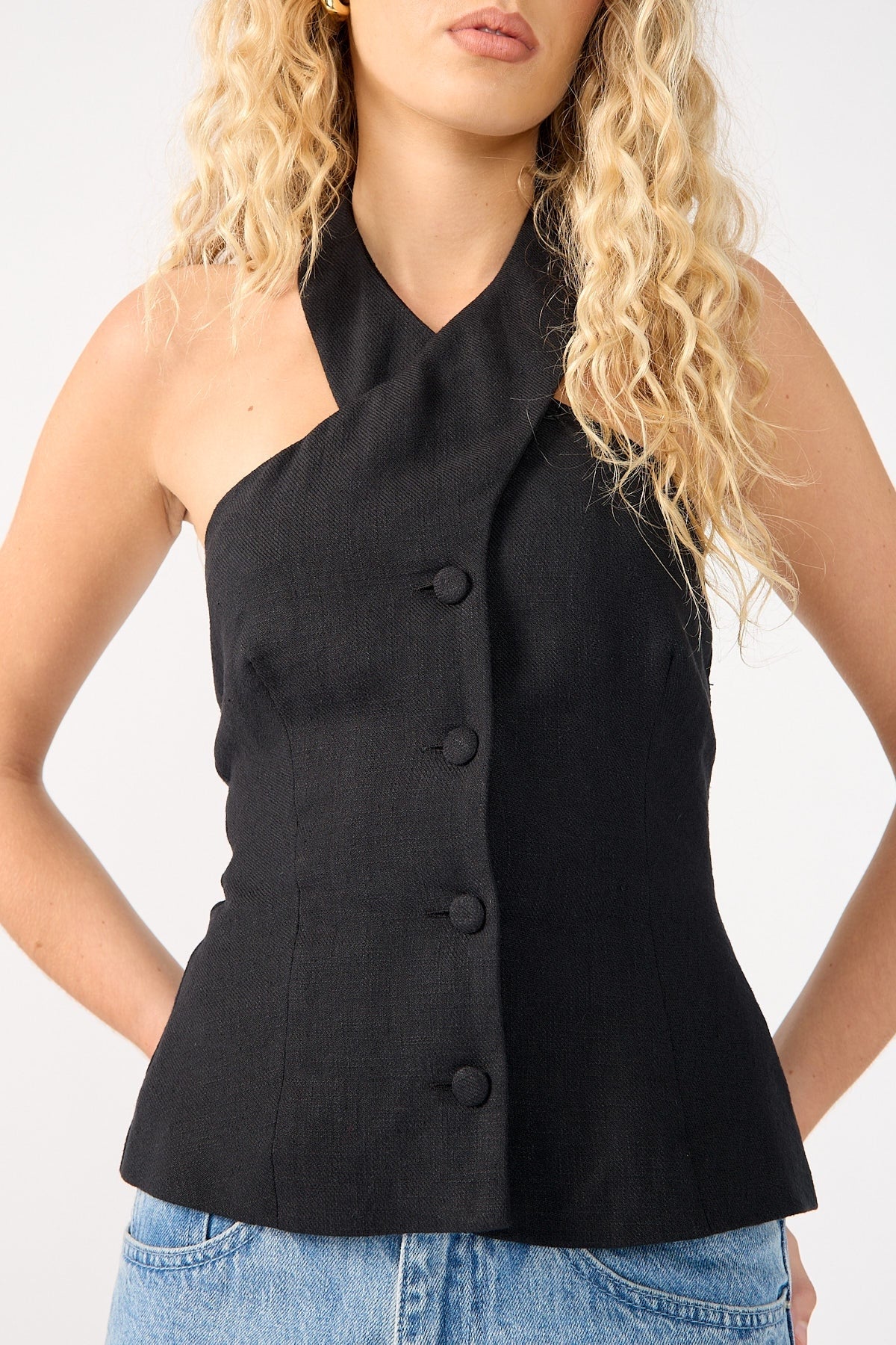 Perfect Stranger Menorca High Neck Button Up Halter Top Black - Image 8