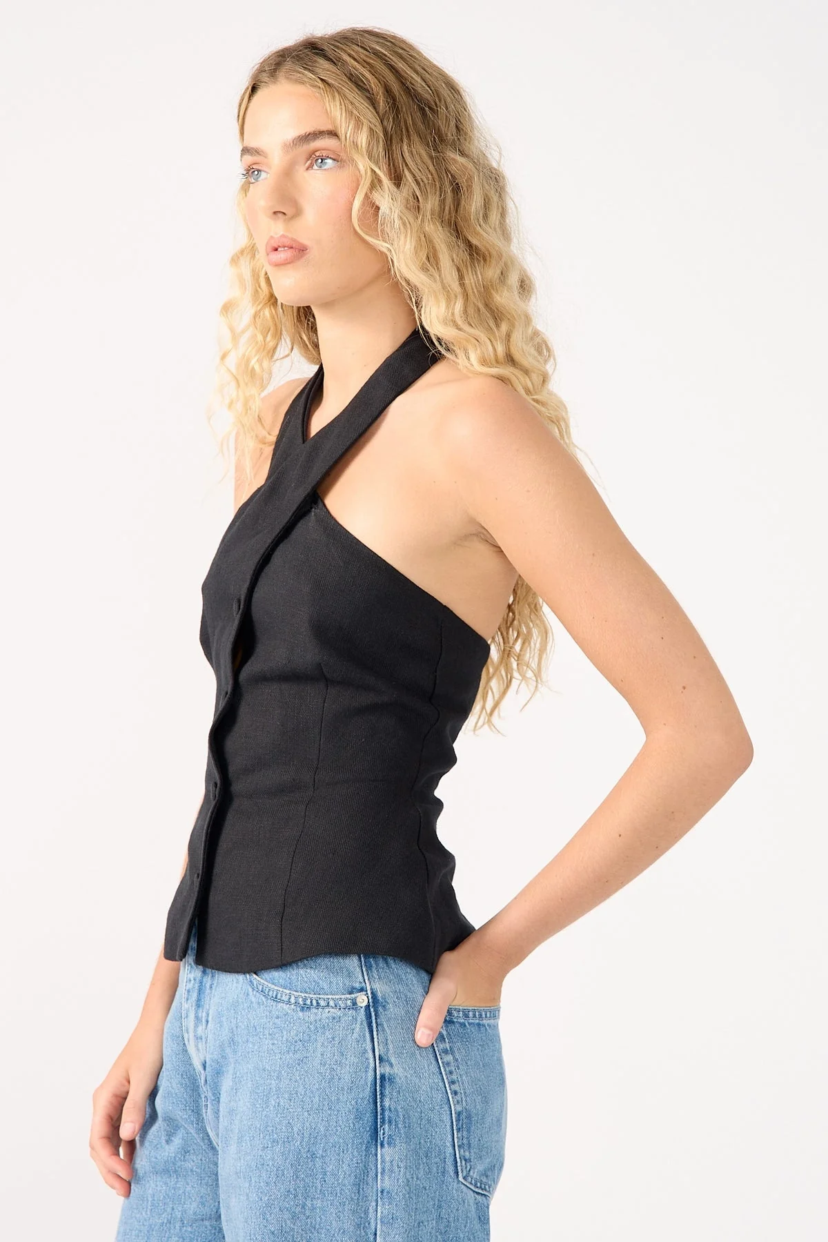 Perfect Stranger Menorca High Neck Button Up Halter Top Black - Image 9