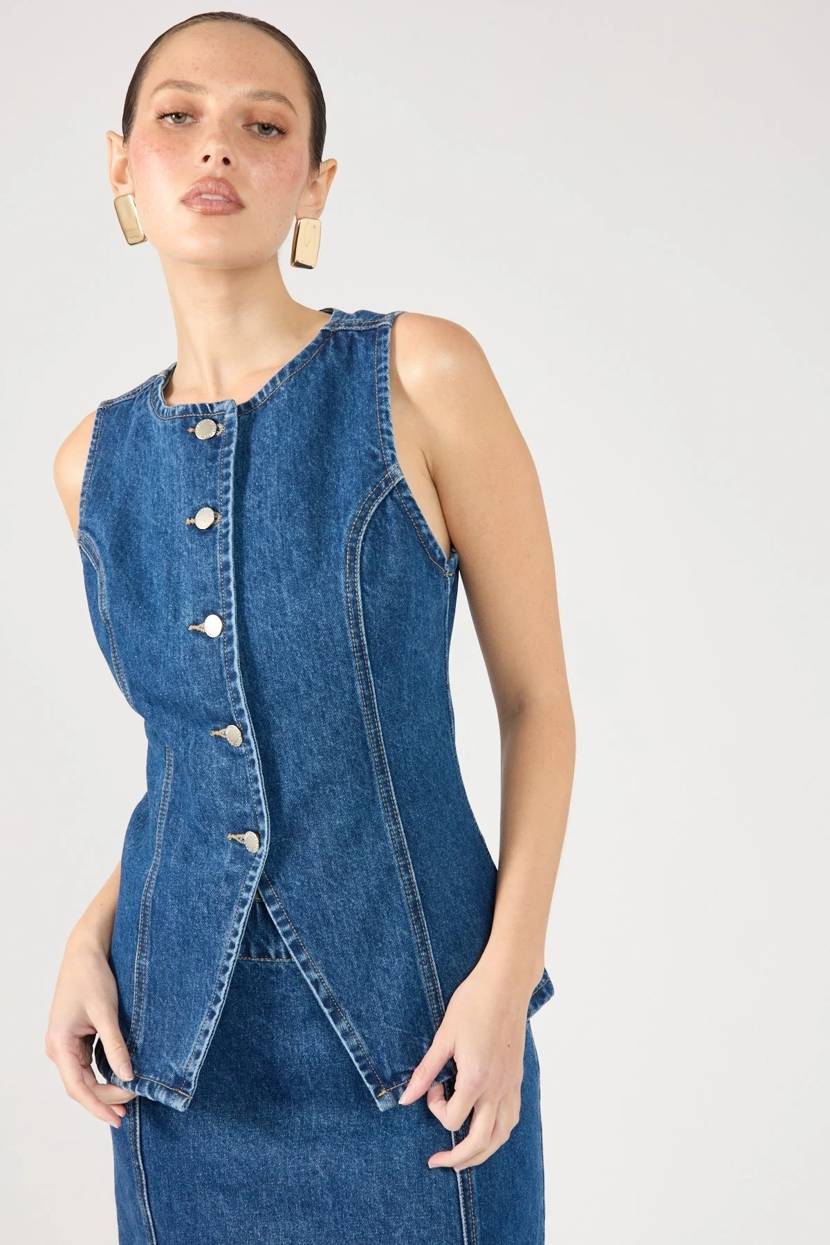 Perfect Stranger Mika Denim Button Up Vest Mid Blue Denim - Image 2