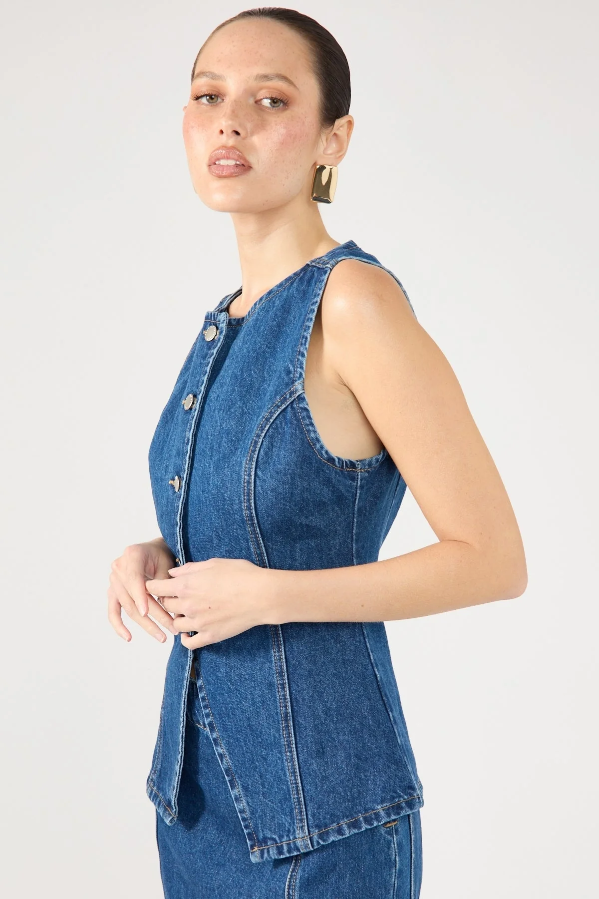 Perfect Stranger Mika Denim Button Up Vest Mid Blue Denim - Image 3