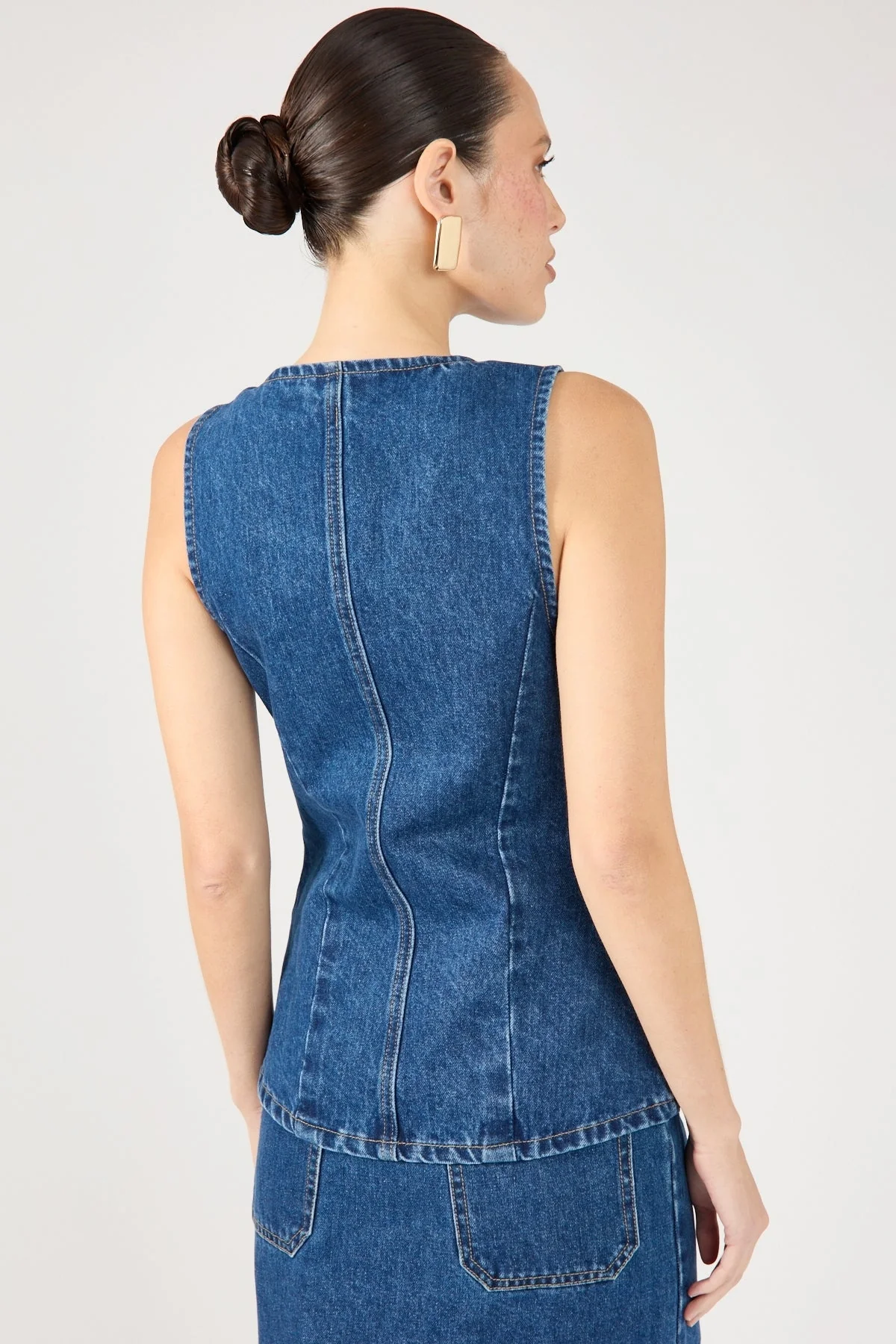 Perfect Stranger Mika Denim Button Up Vest Mid Blue Denim - Image 4