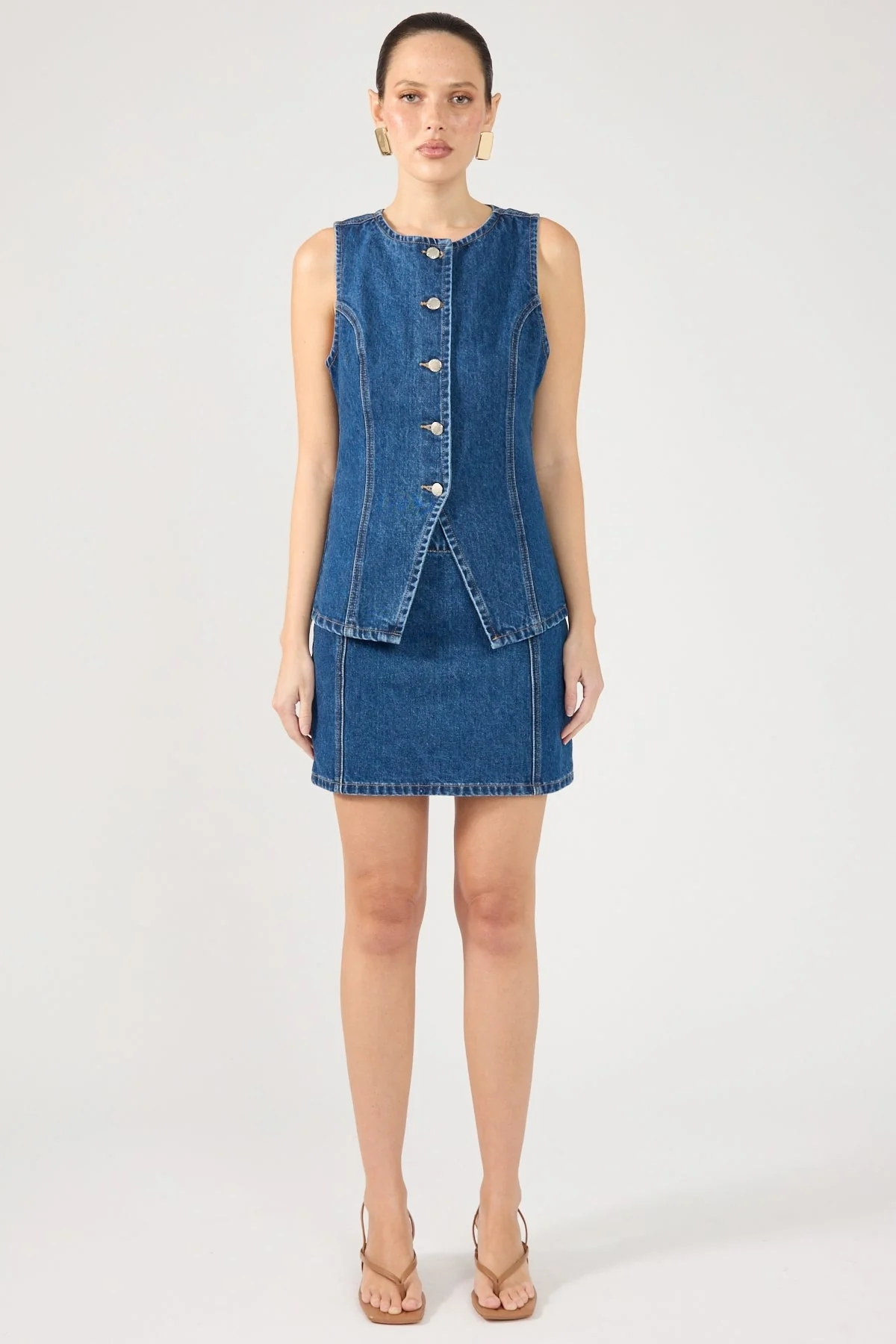 Perfect Stranger Mika Denim Button Up Vest Mid Blue Denim - Image 5