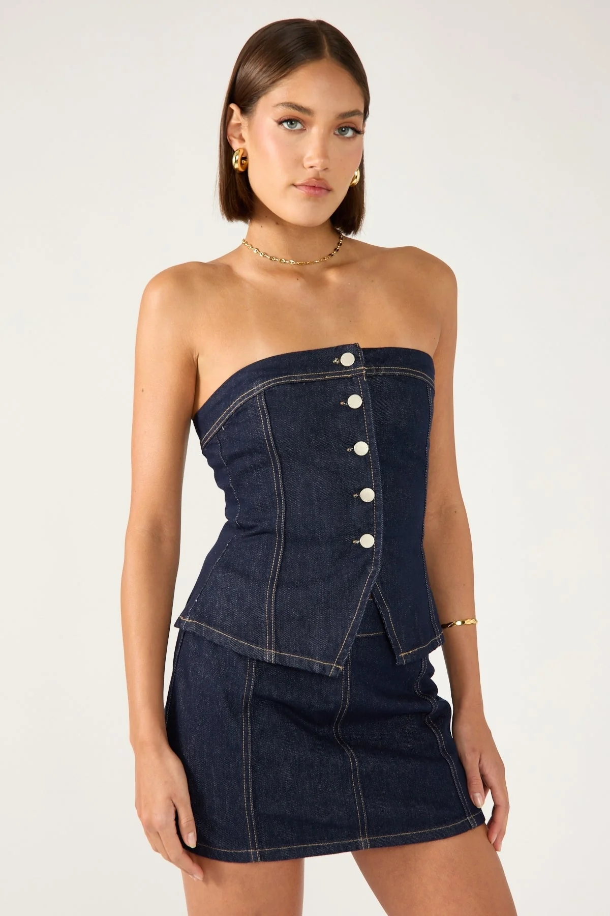 Perfect Stranger Mila Denim Button Up Top Dark Blue Denim - Image 3