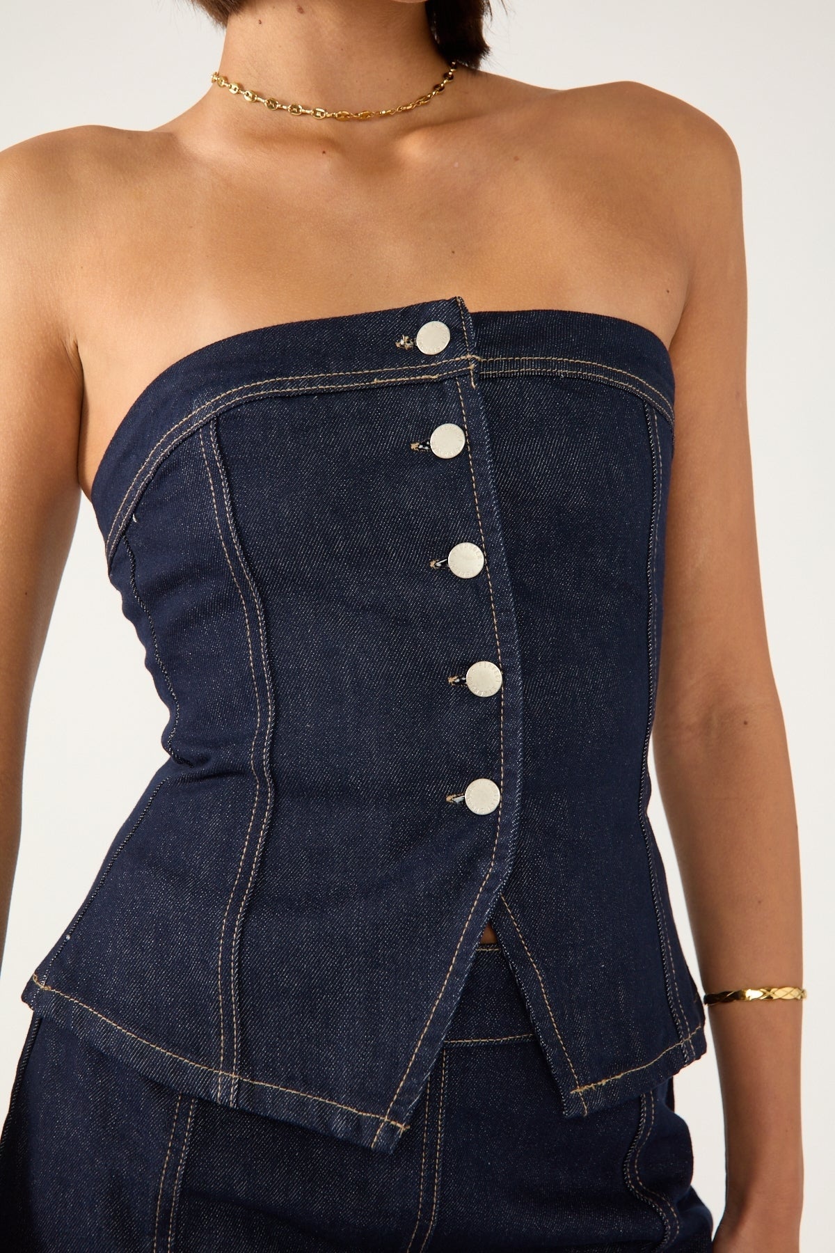 Perfect Stranger Mila Denim Button Up Top Dark Blue Denim - Image 4