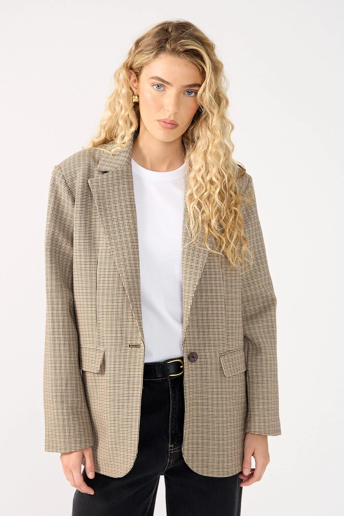 Perfect Stranger Mirella Long Line Blazer Brown Check - Image 3