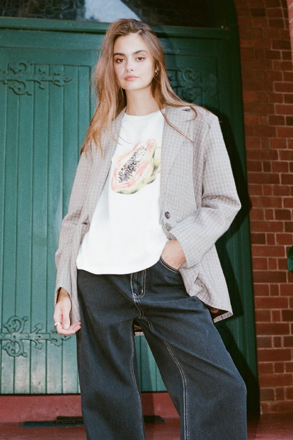 Perfect Stranger Mirella Long Line Blazer Brown Check - Image 4