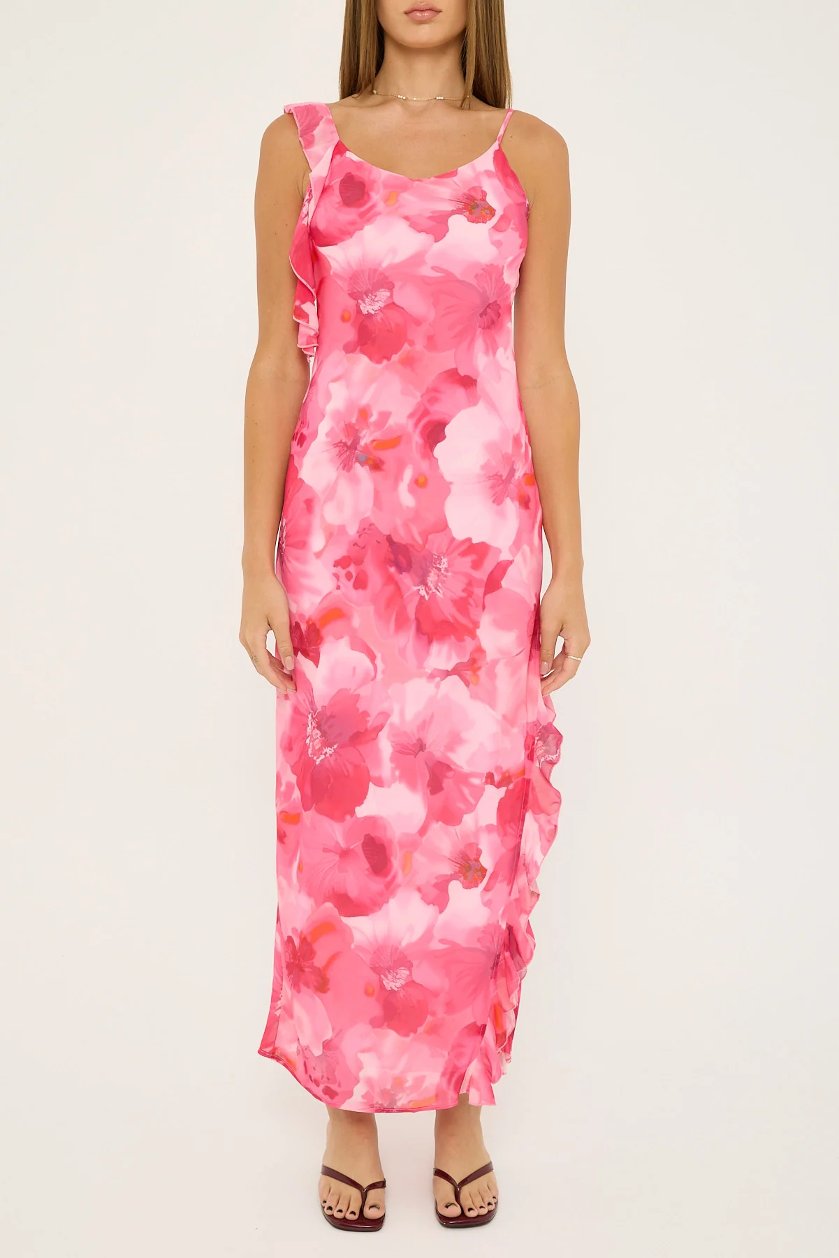 Perfect Stranger Moondance Chiffon Ruffle Maxi Dress Pink Print - Image 6