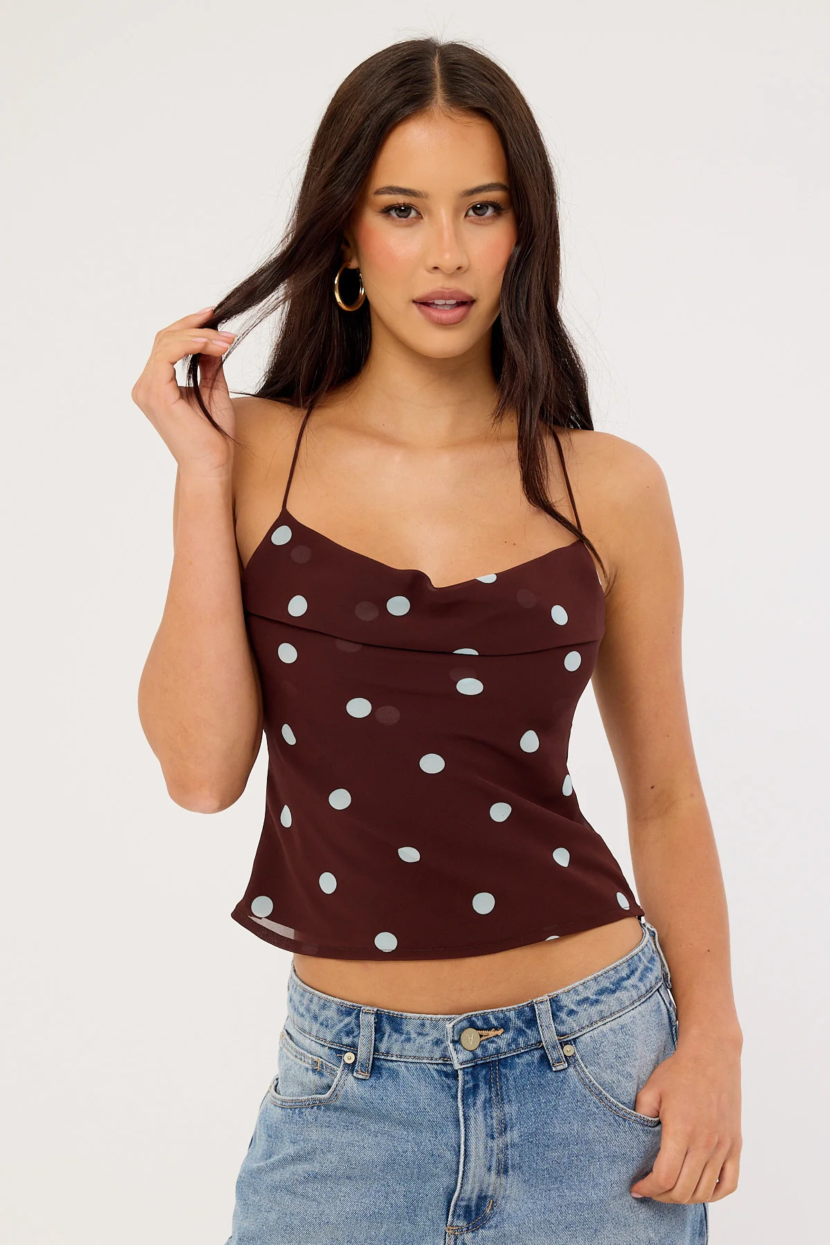 Perfect Stranger Naya Polka Tie Back Top Blue/Brown Polka - Image 3