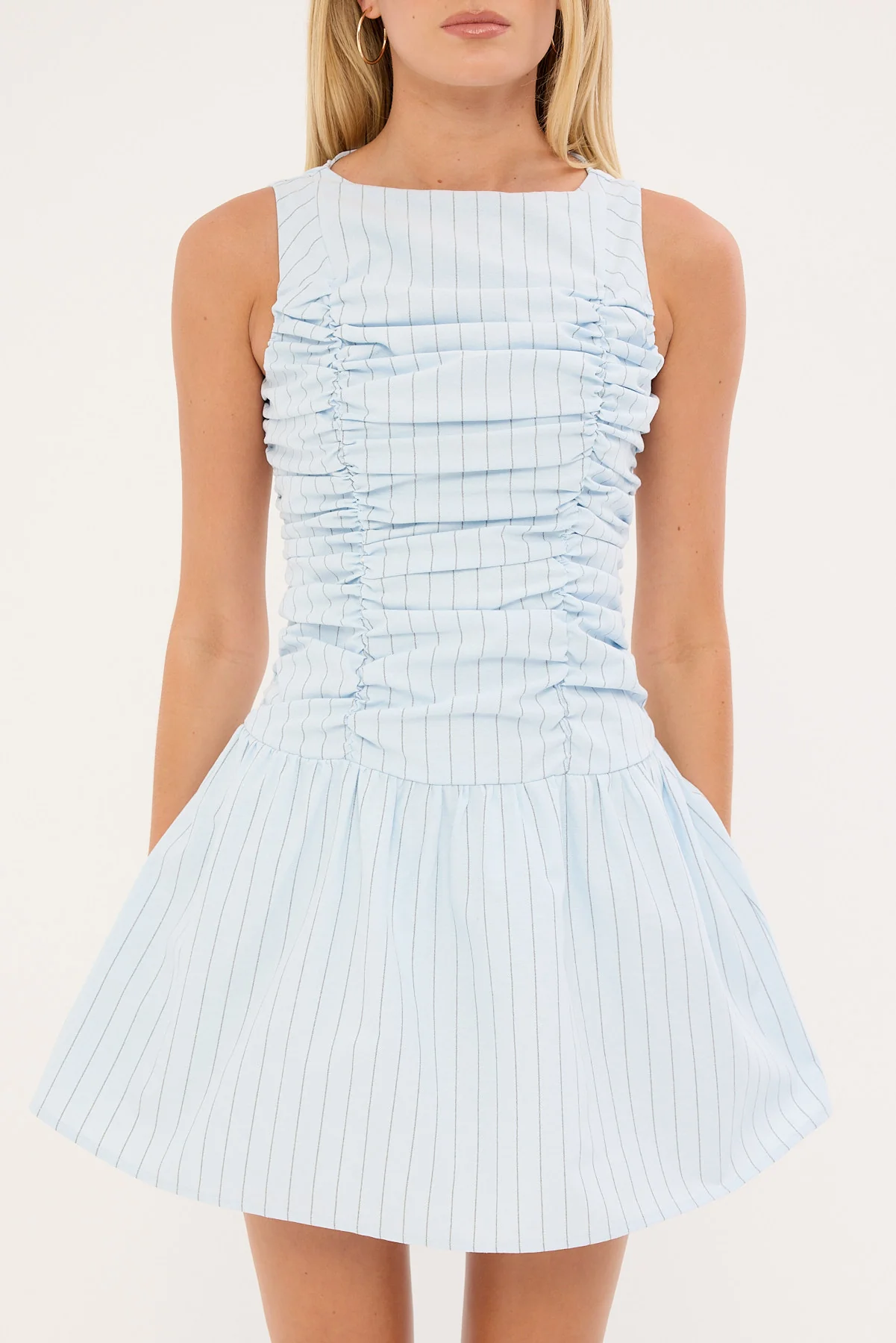Perfect Stranger Nikki Gathered High Neck Mini Dress Blue Stripe - Image 6