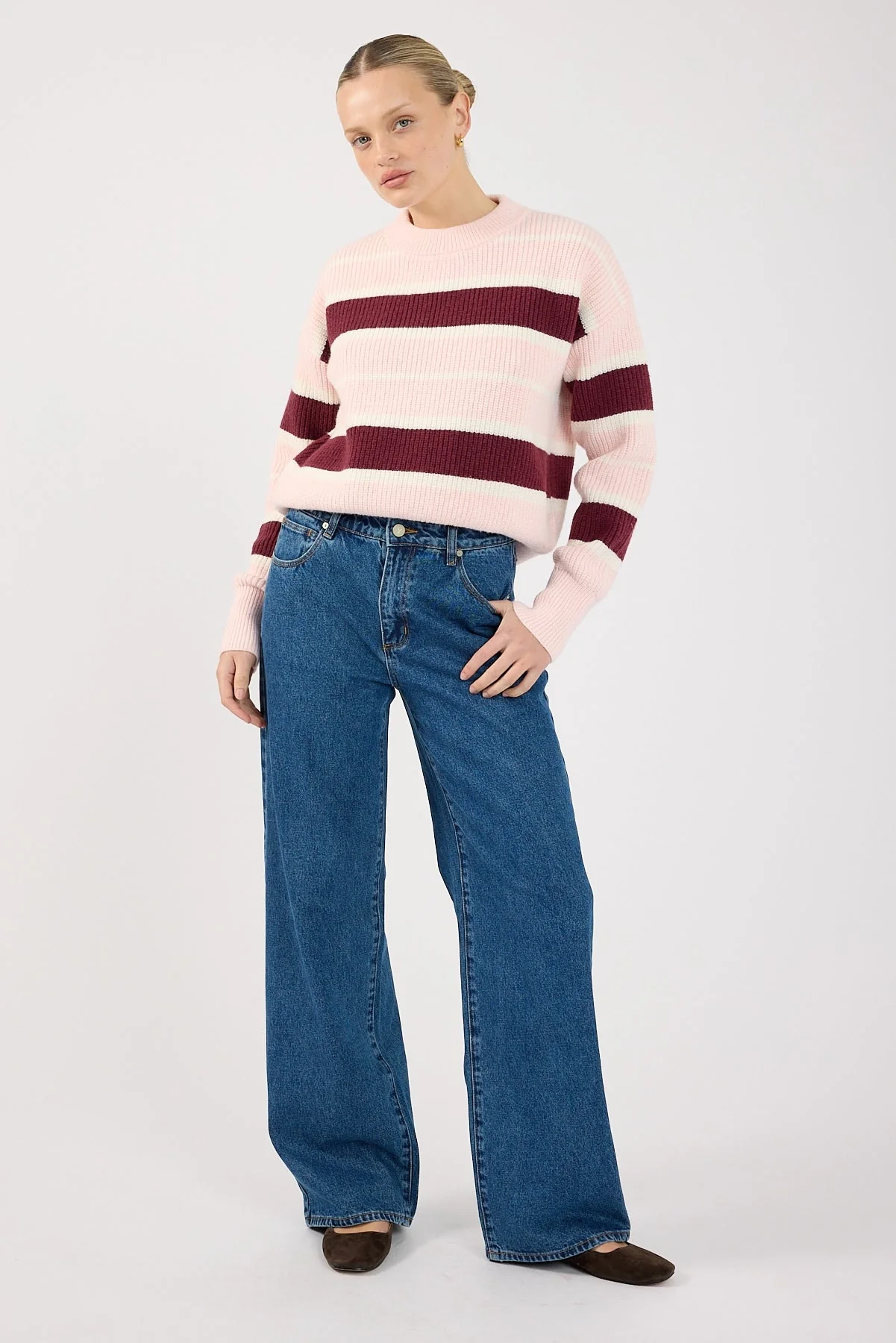 Perfect Stranger Noir Stripe Crew Neck Jumper Pink Stripe - Image 2