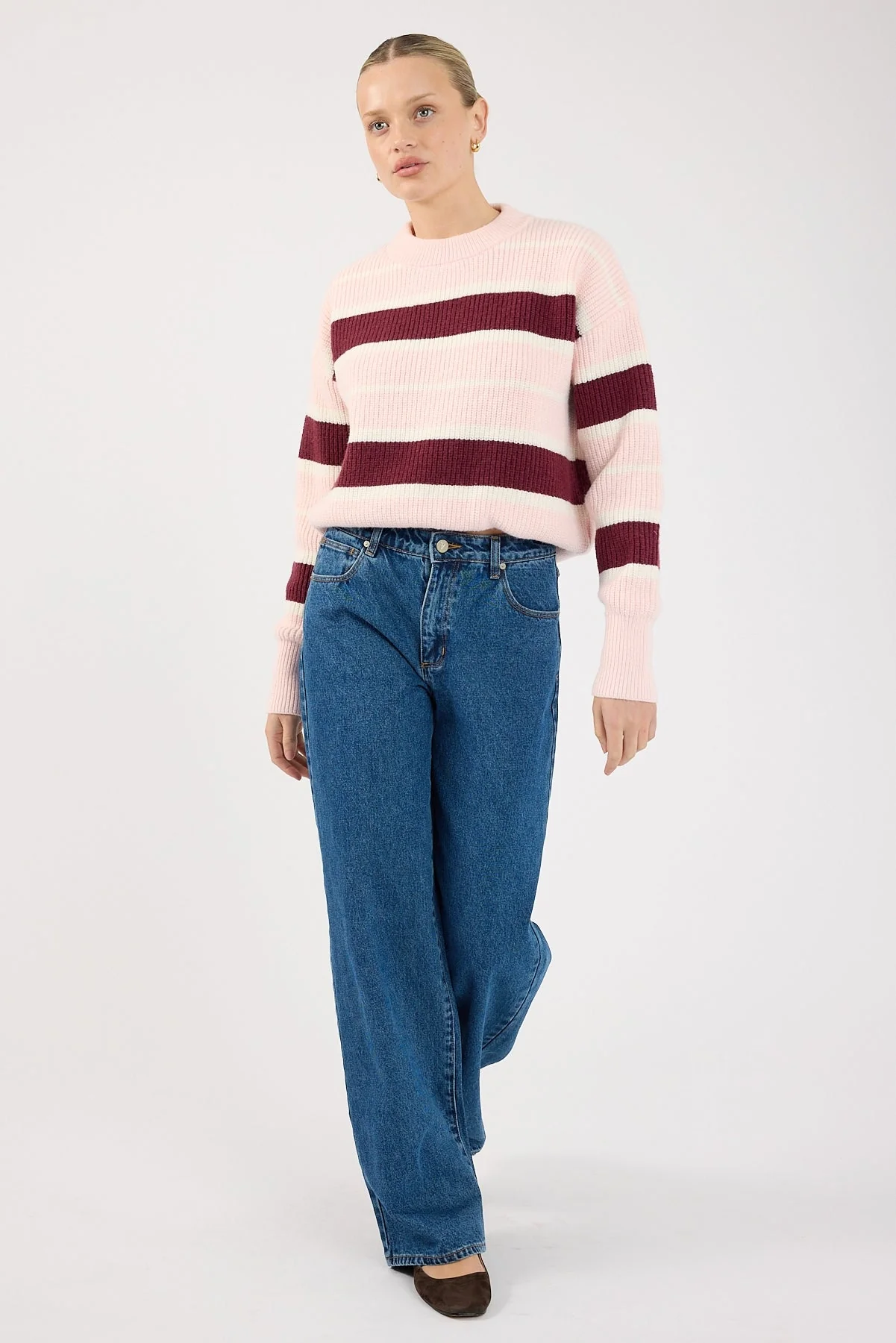 Perfect Stranger Noir Stripe Crew Neck Jumper Pink Stripe - Image 3