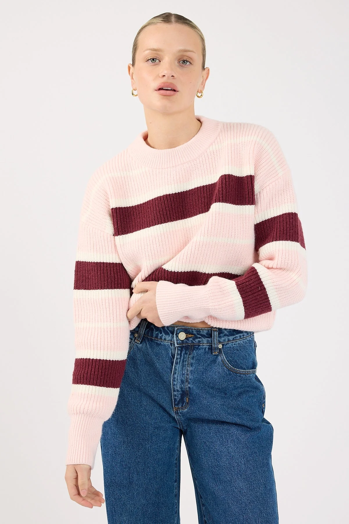 Perfect Stranger Noir Stripe Crew Neck Jumper Pink Stripe - Image 4