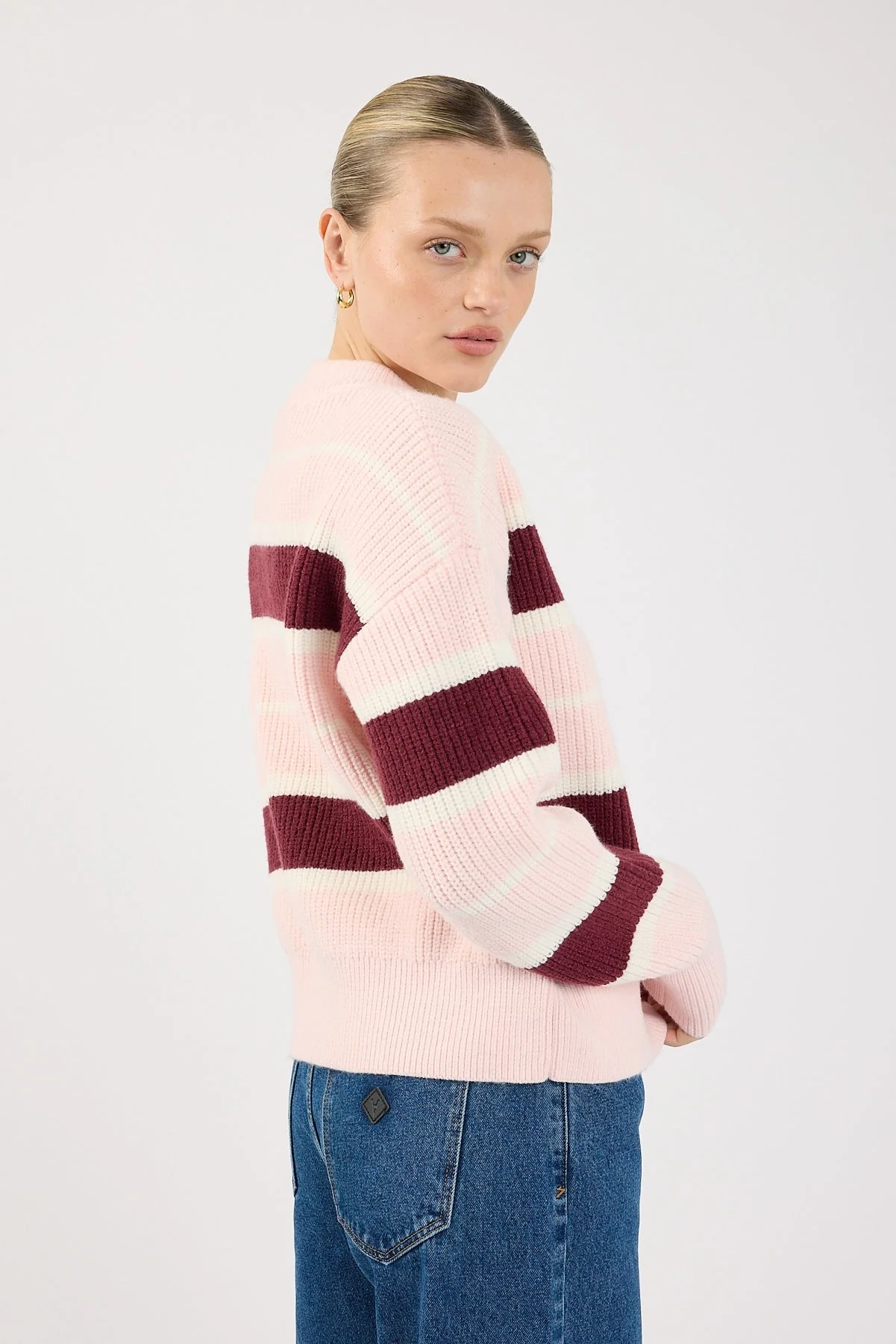 Perfect Stranger Noir Stripe Crew Neck Jumper Pink Stripe - Image 5