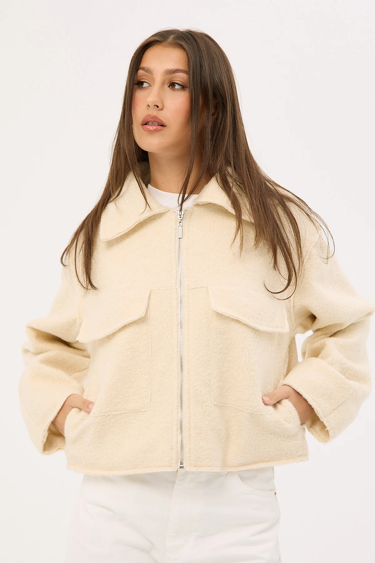 Perfect Stranger Pixie Textured Zip Up Jacket Cream - Image 4