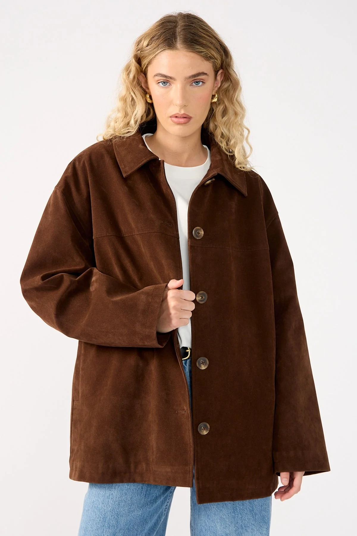 Perfect Stranger Raven PU Suede Long Line Jacket Brown - Image 2