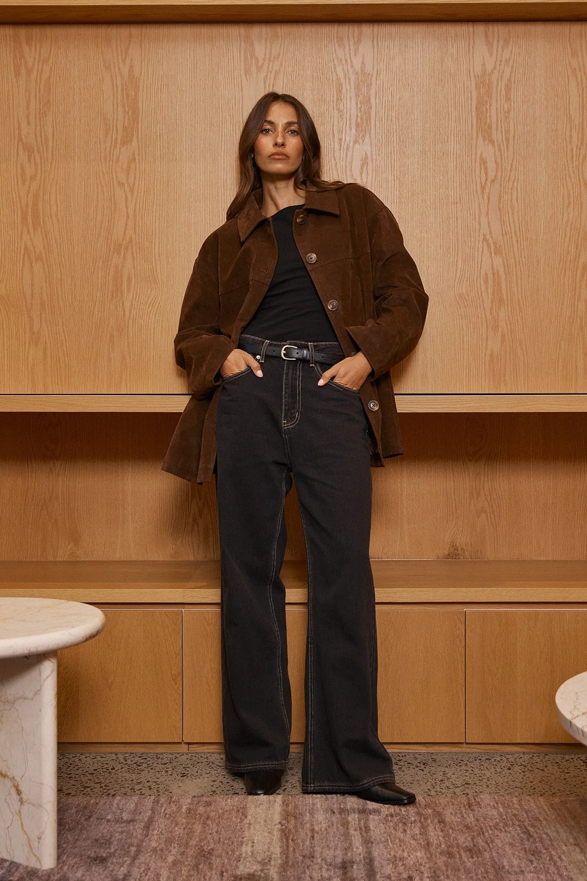 Perfect Stranger Raven PU Suede Long Line Jacket Brown - Image 4