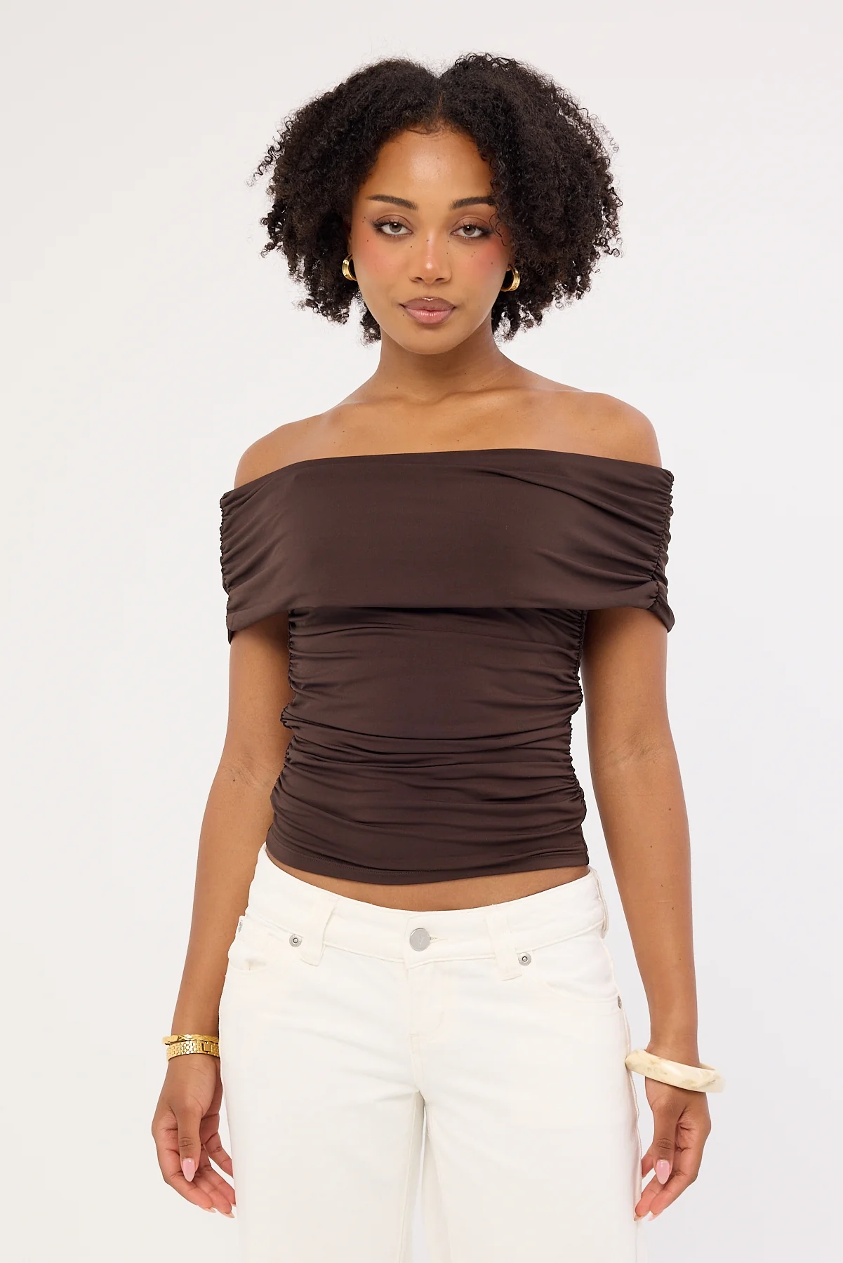 Perfect Stranger Rhiannon Off Shoulder Top Brown - Image 3