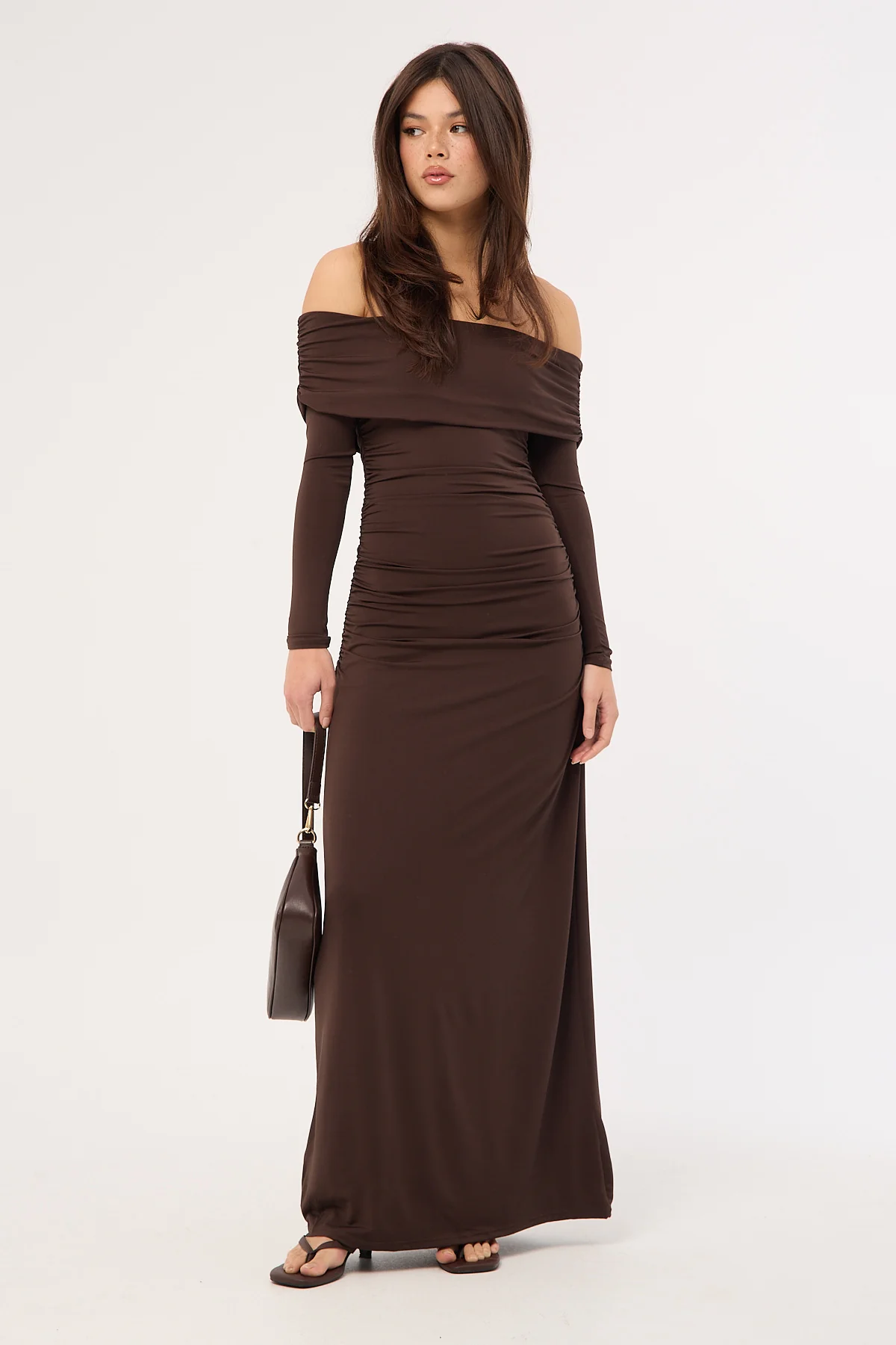 Perfect Stranger Rosetta Off Shoulder Long Sleeve Maxi Dress Ash Brown - Image 4
