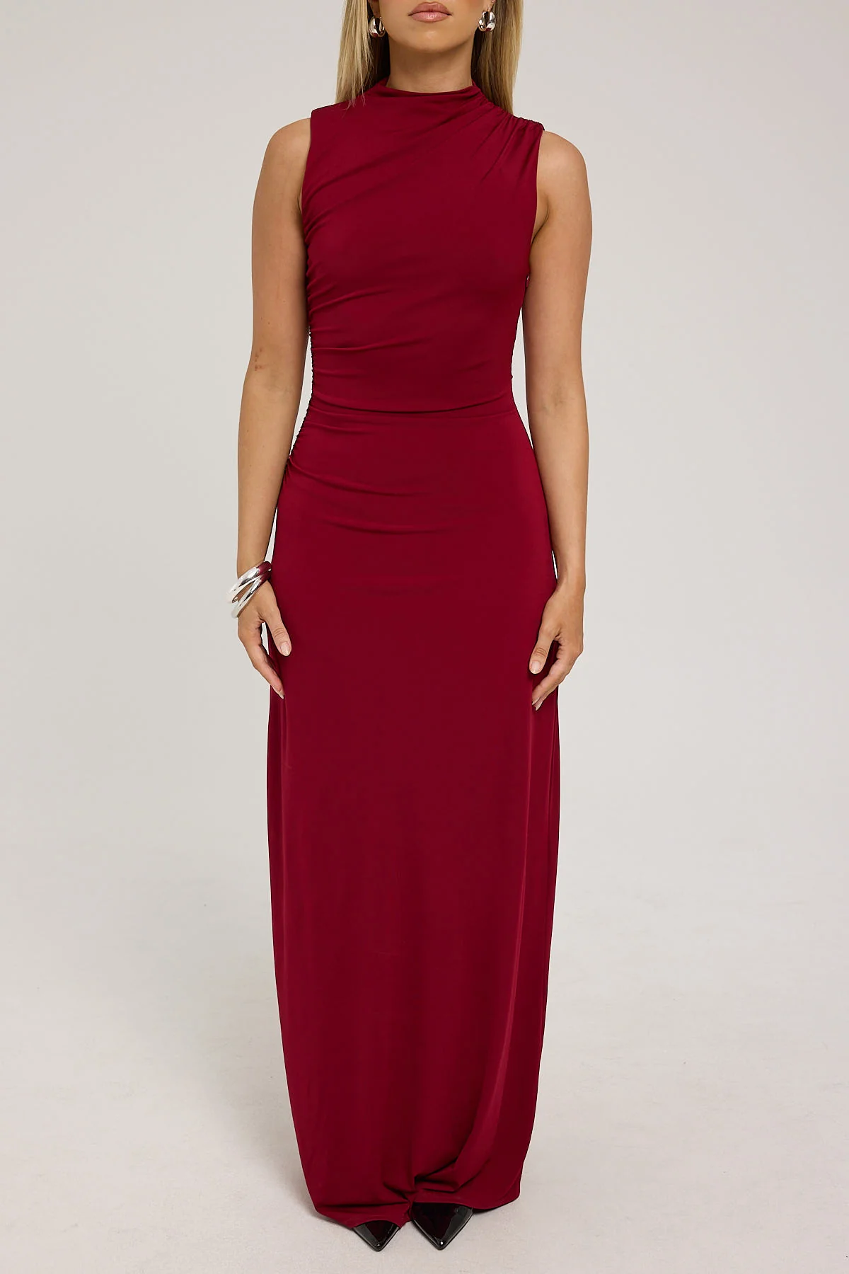 Perfect Stranger Rosewood High Neck Maxi Dress Burgundy - Image 8