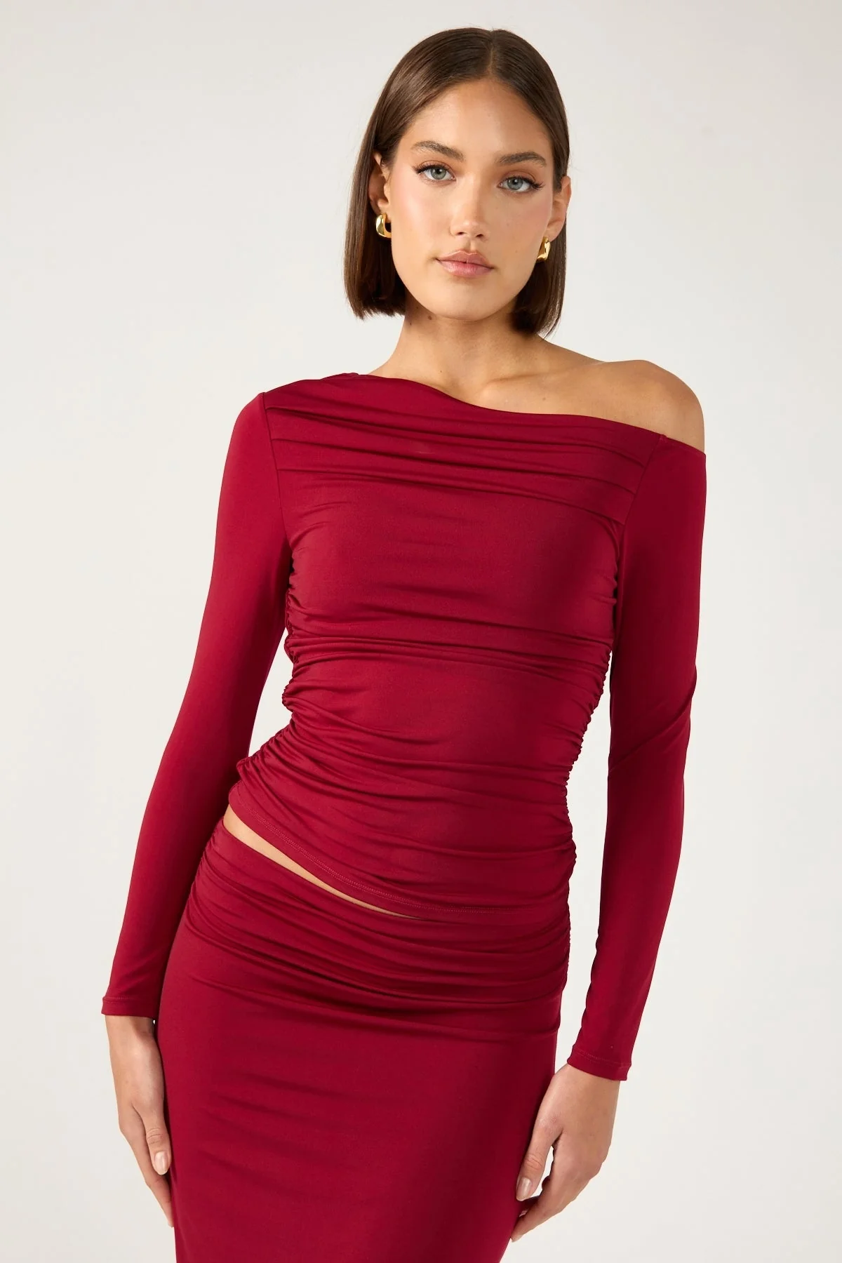 Perfect Stranger Rosh Gathered Long Sleeve Top Burgundy - Image 3