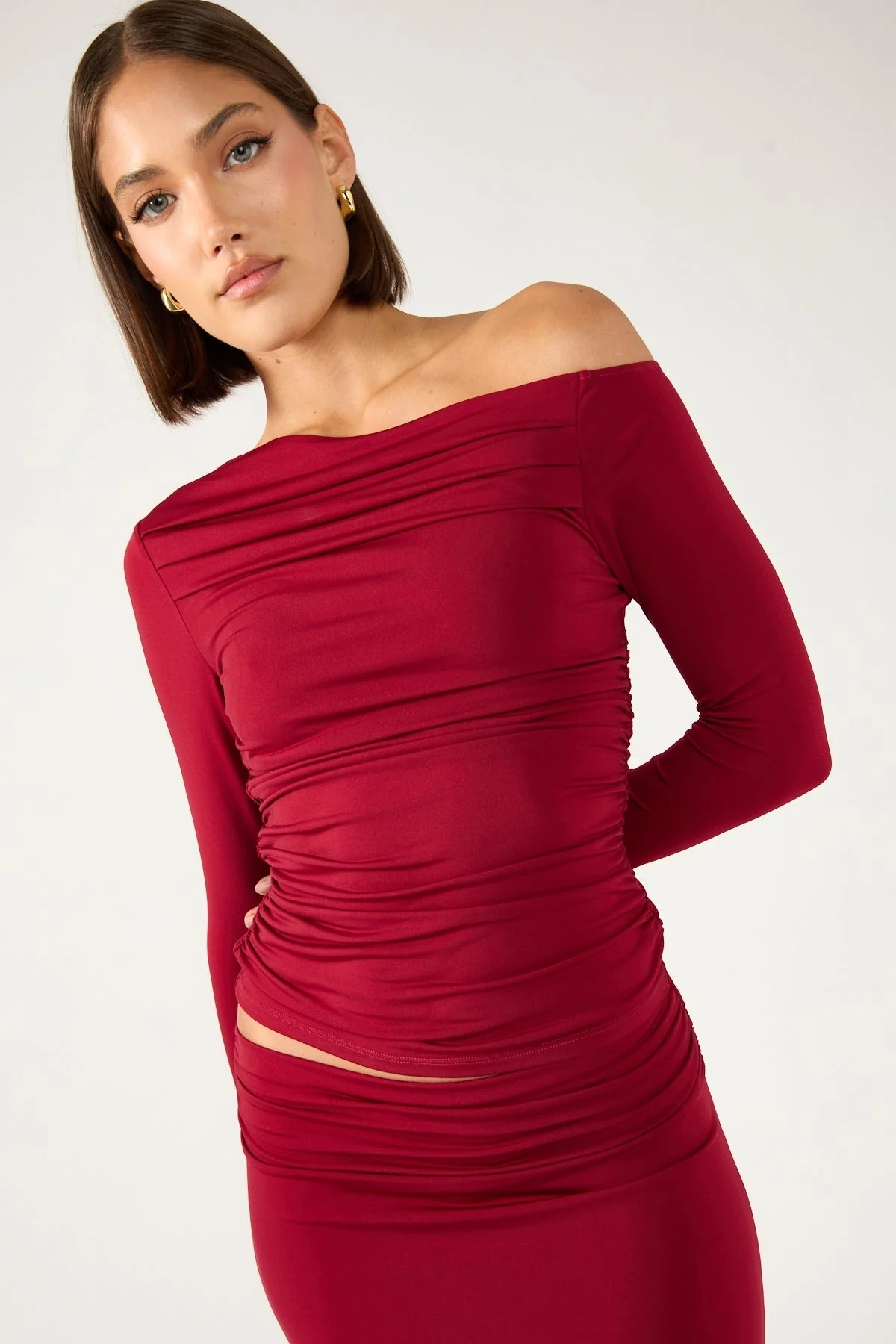 Perfect Stranger Rosh Gathered Long Sleeve Top Burgundy - Image 6