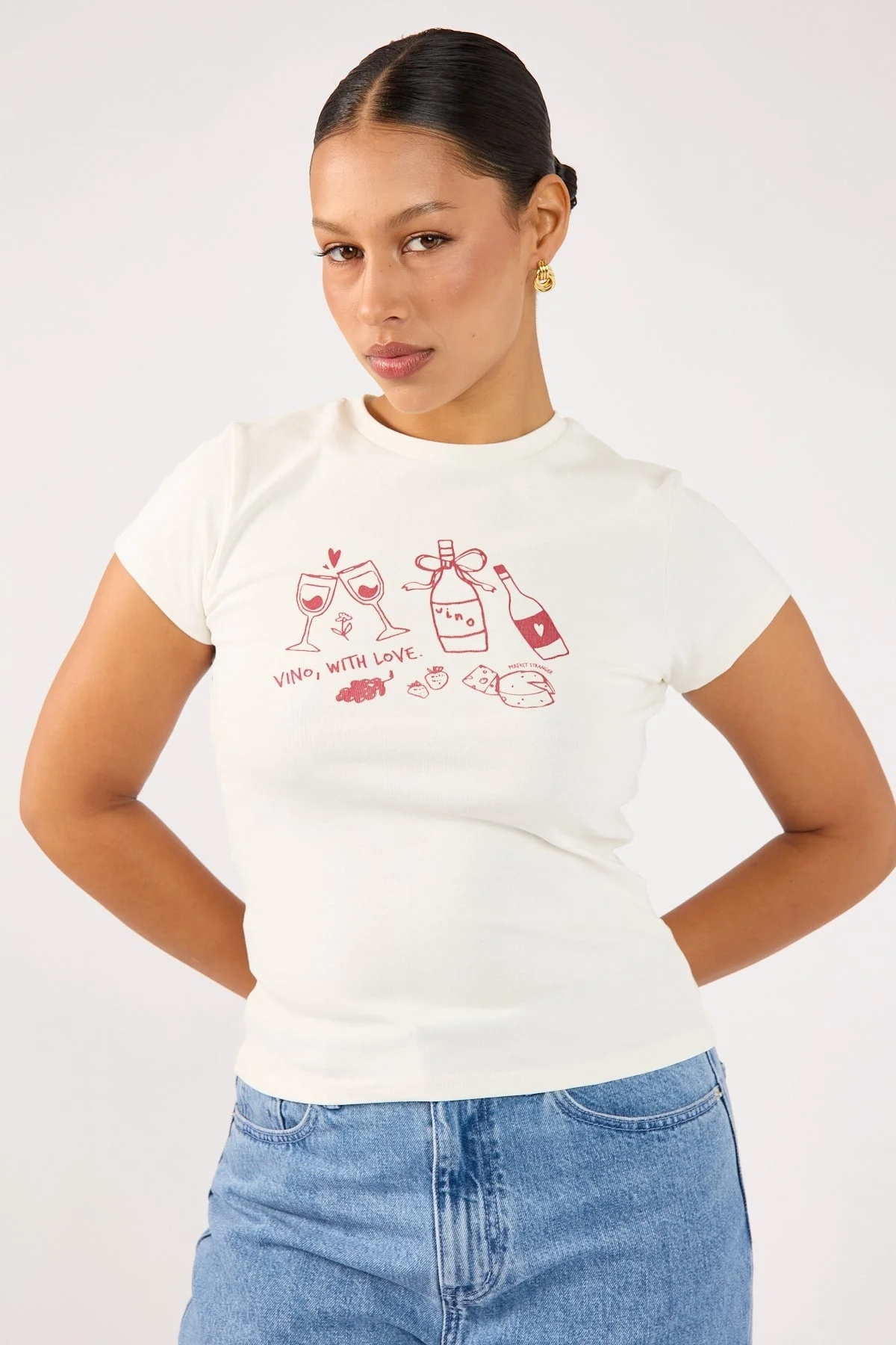 Perfect Stranger Vino Cap Sleeve Tee White Print - Image 2