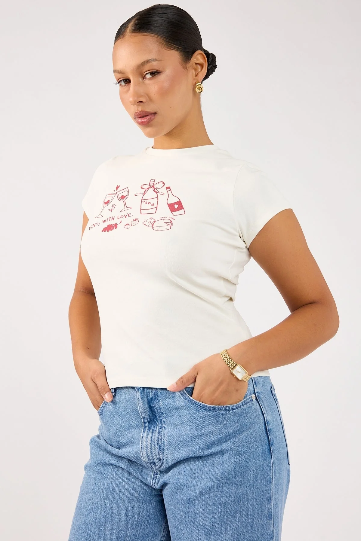 Perfect Stranger Vino Cap Sleeve Tee White Print - Image 4