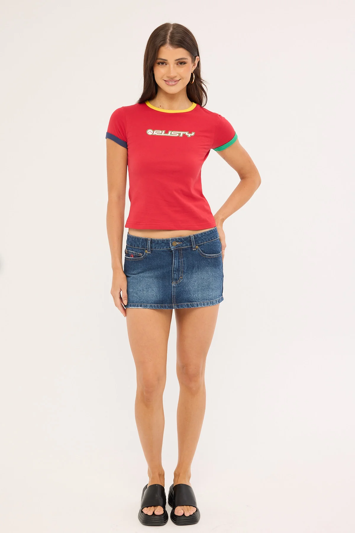 Rusty 3 Tone Contrast Ringer Baby Tee Red - Image 2
