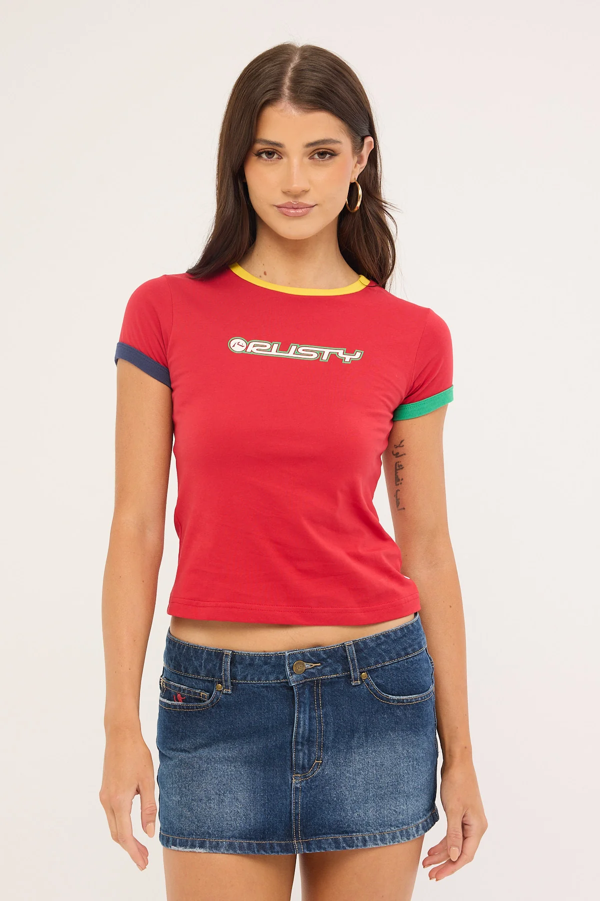 Rusty 3 Tone Contrast Ringer Baby Tee Red - Image 3