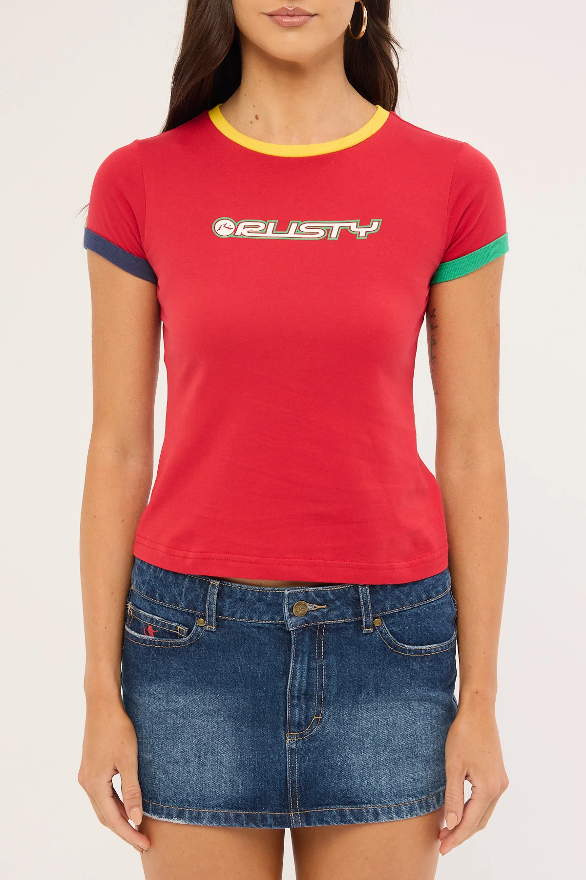 Rusty 3 Tone Contrast Ringer Baby Tee Red - Image 6