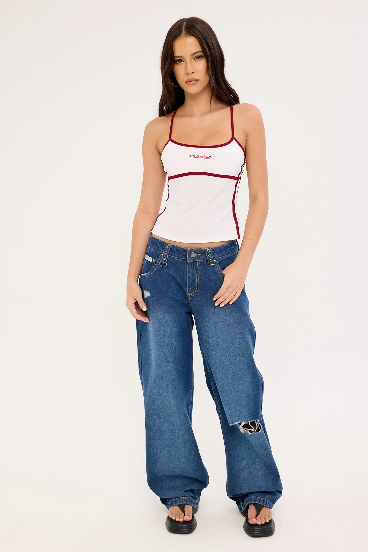 Rusty Burn Baby Loose Low Rise Jean Blasted Deep Sea Blue