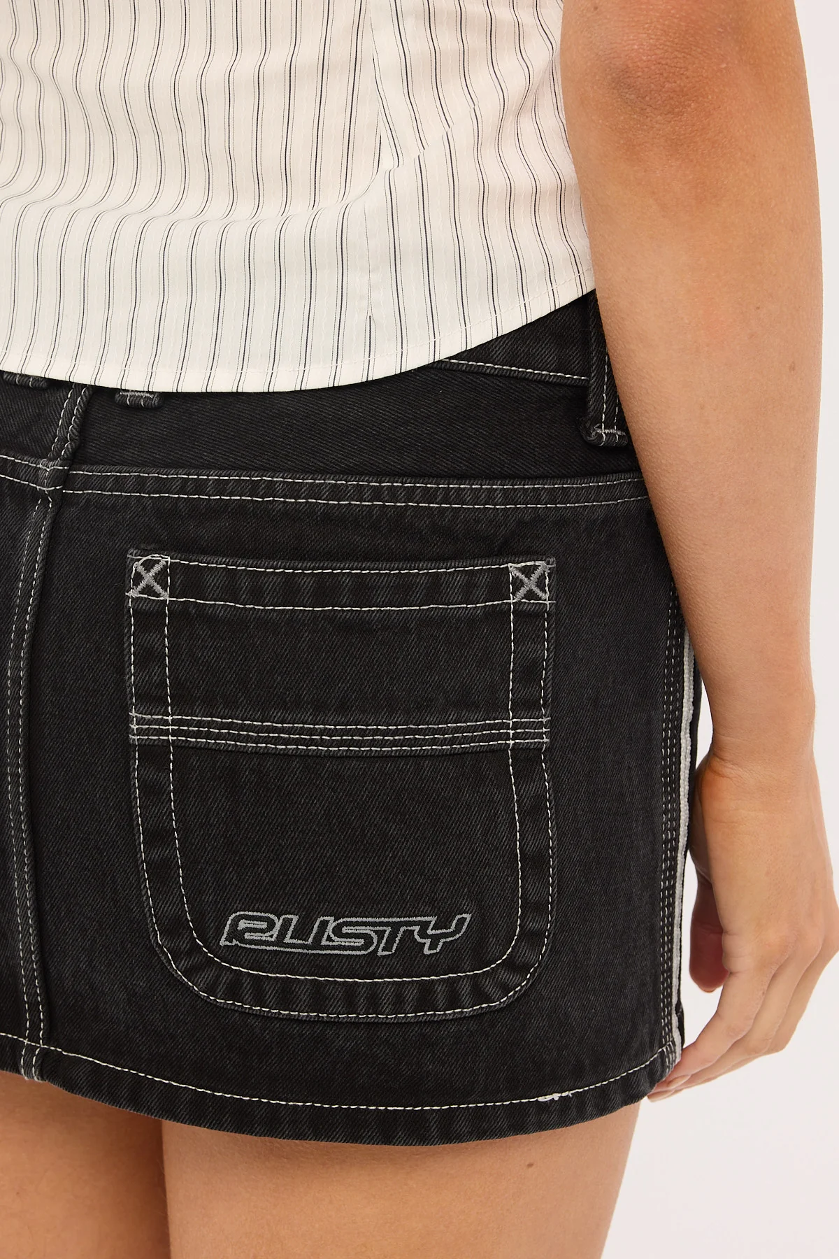 Rusty Flip Mommy Low Rise Denim Mini Skirt Black Out - Image 6
