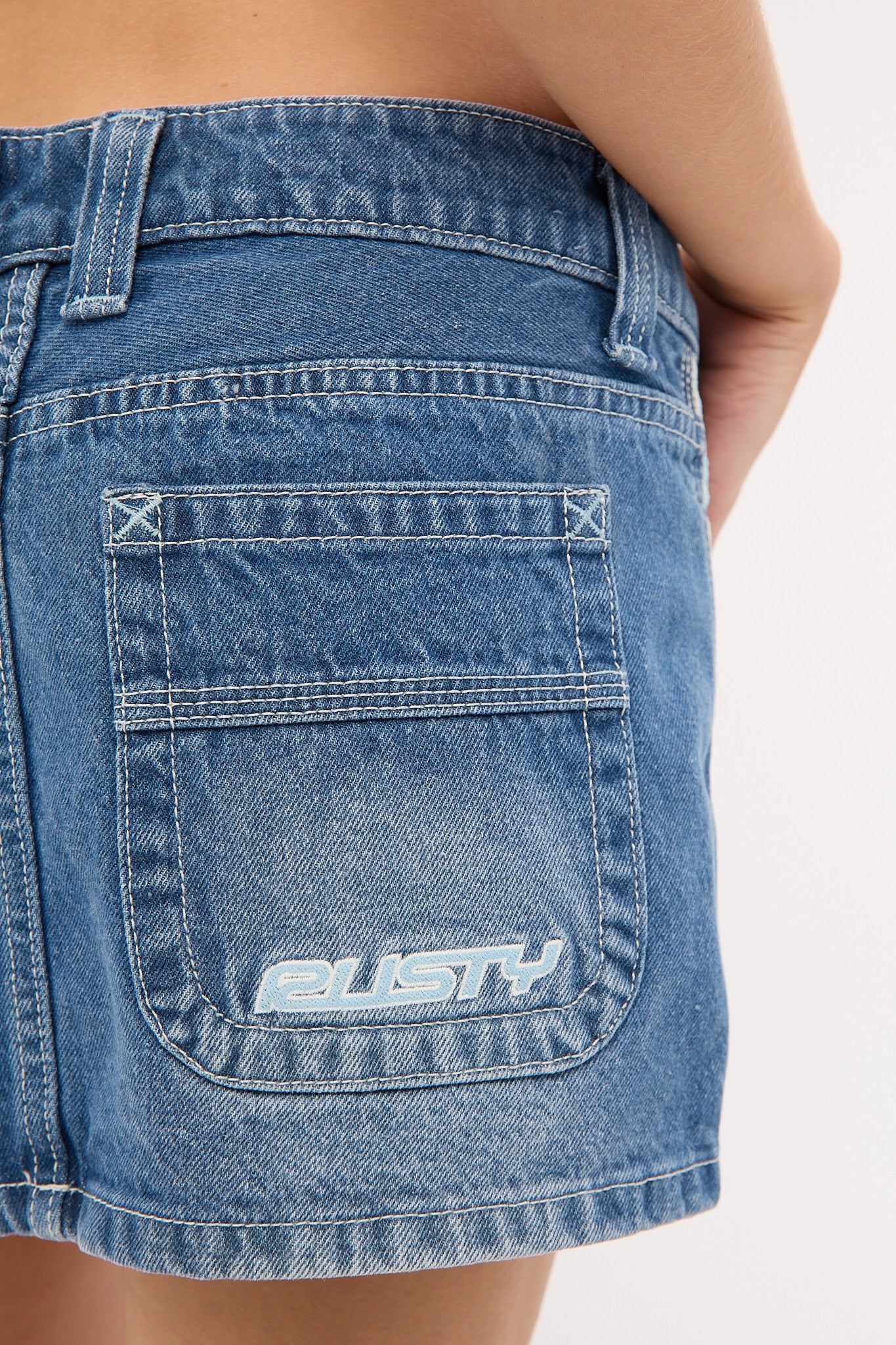 Rusty Flip Mommy Low Rise Denim Mini Skirt Blasted Midi Blue/Blue - Image 5
