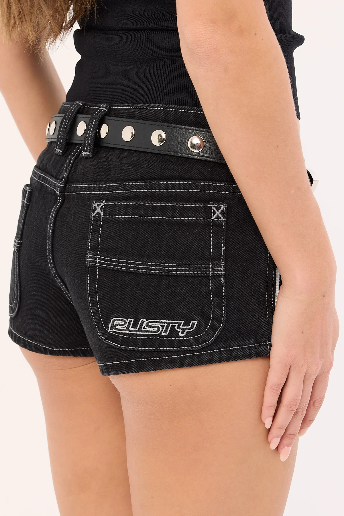 Rusty Flip Mommy Low Rise Micro Denim Skirt Black Out - Image 6