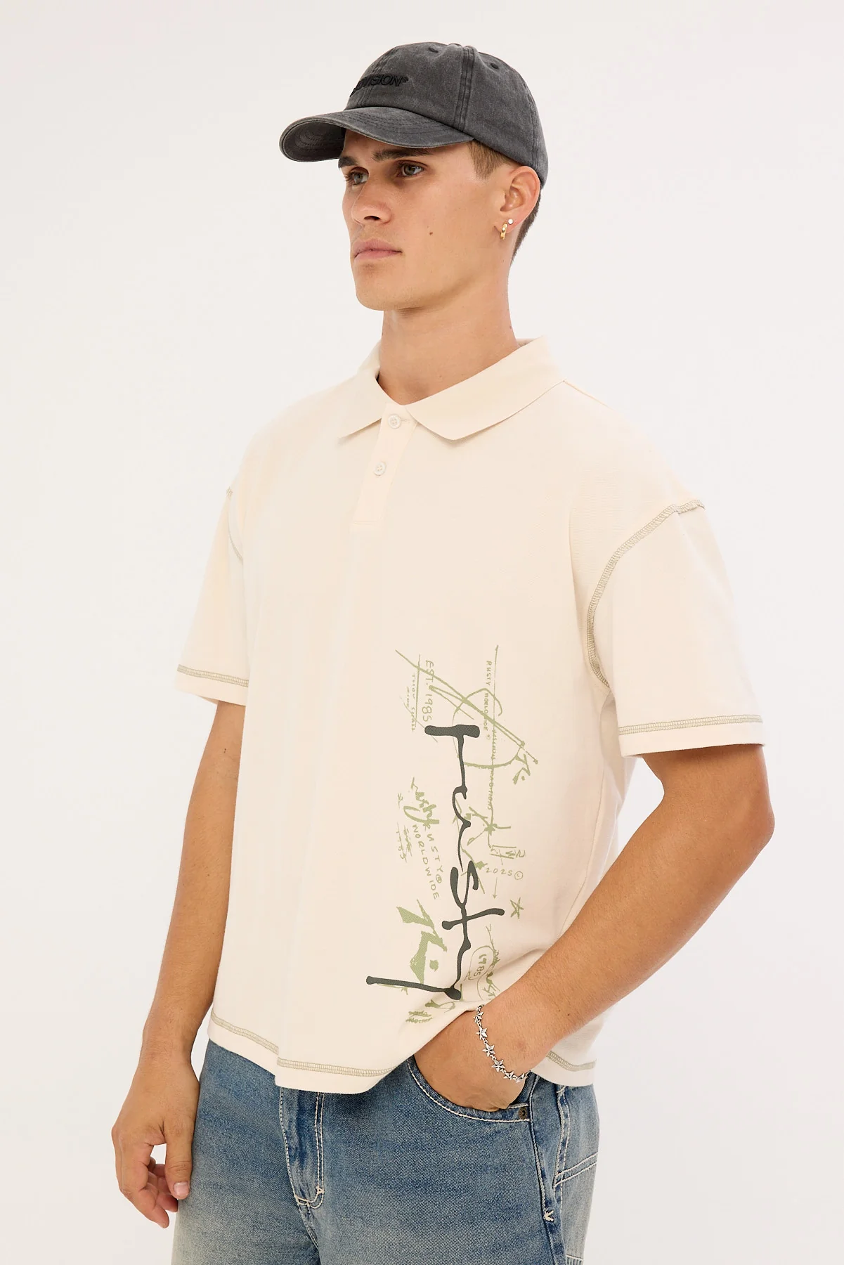 Rusty Funkshen Cropped Polo Shirt Cream - Image 4